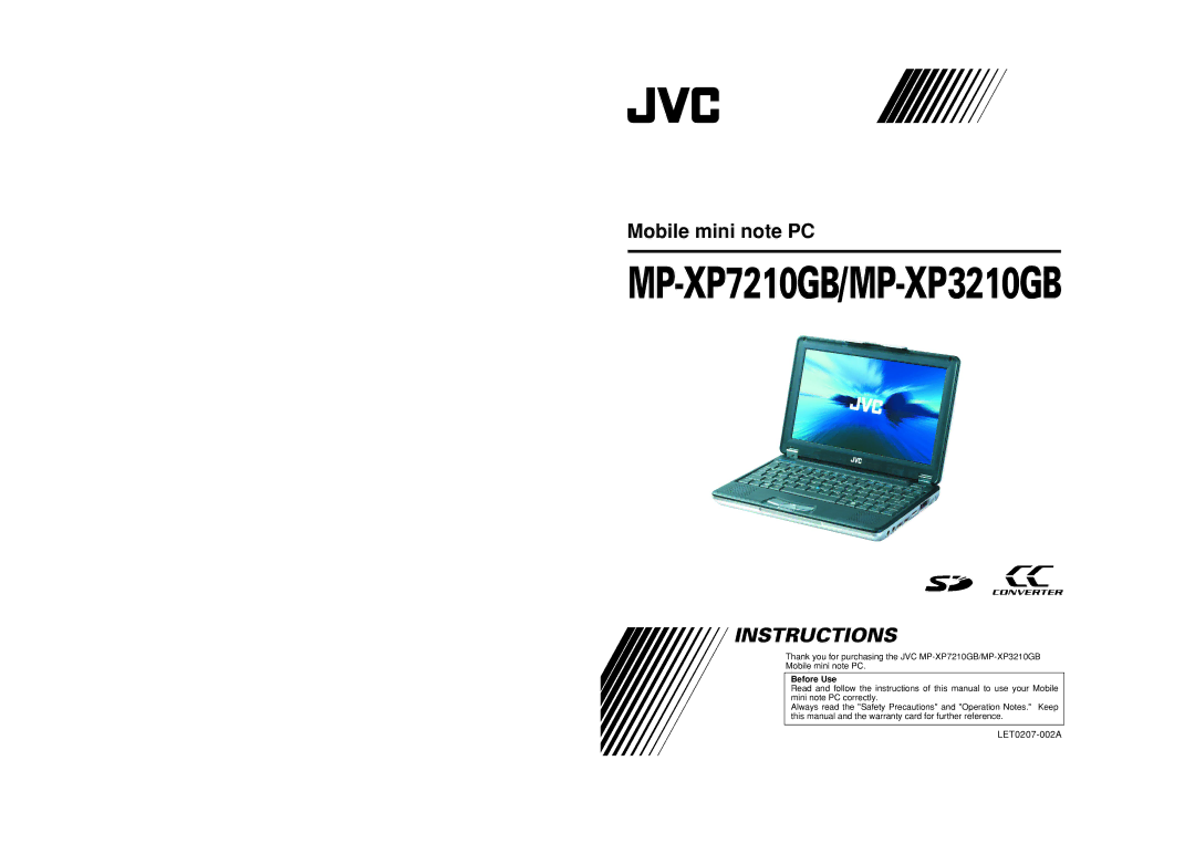 JVC warranty MP-XP7210GB/MP-XP3210GB 