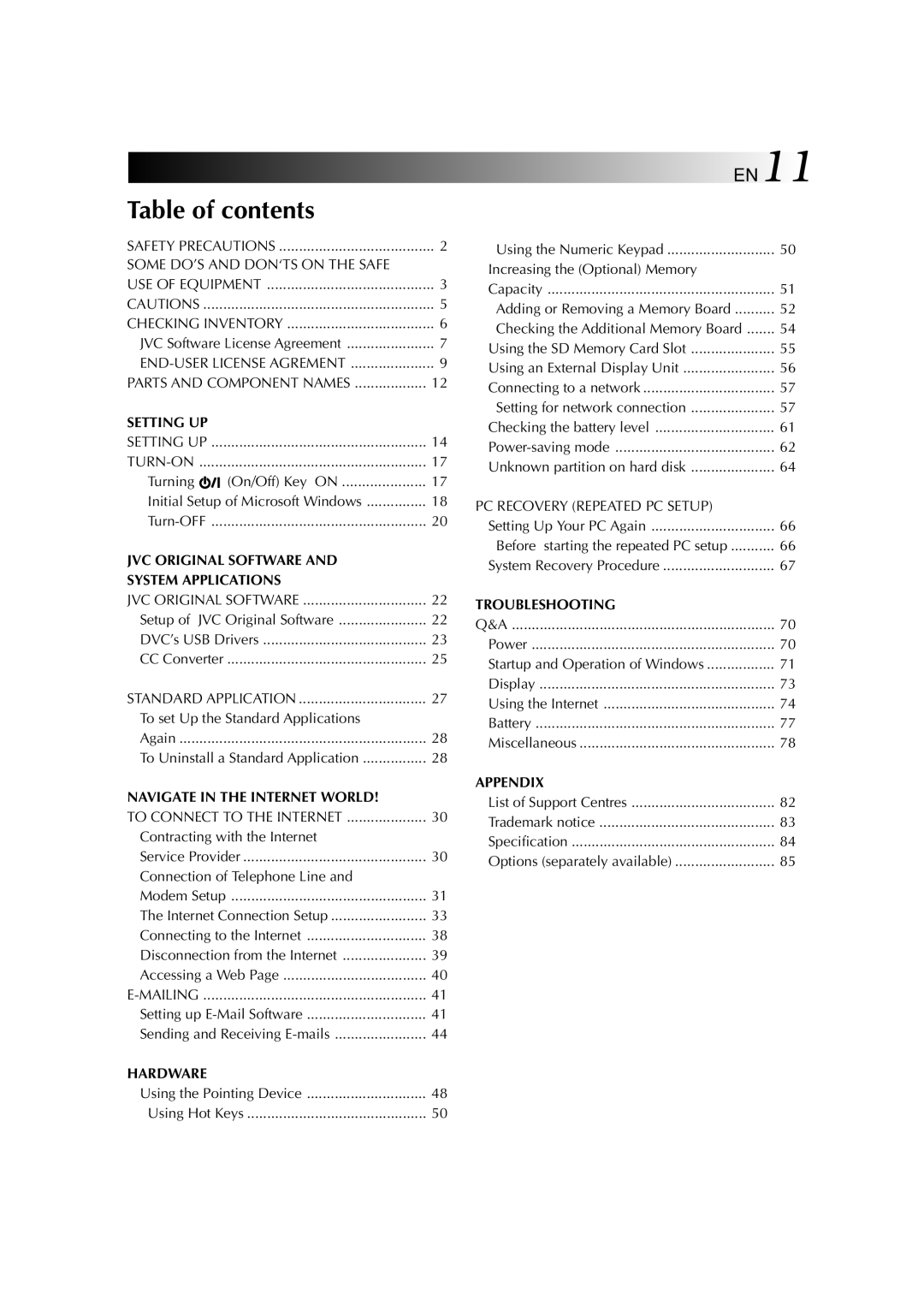 JVC MP-XP3210GB, MP-XP7210GB warranty Table of contents 