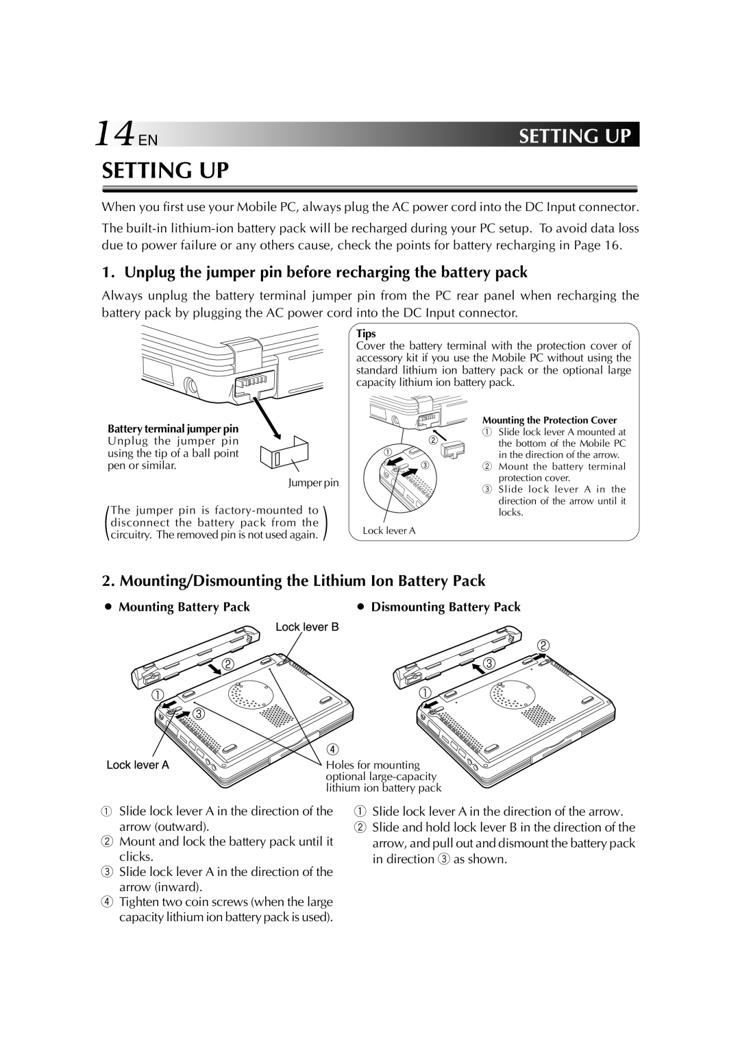 JVC MP-XP7210GB, MP-XP3210GB warranty 14 EN, Unplug the jumper pin before recharging the battery pack 