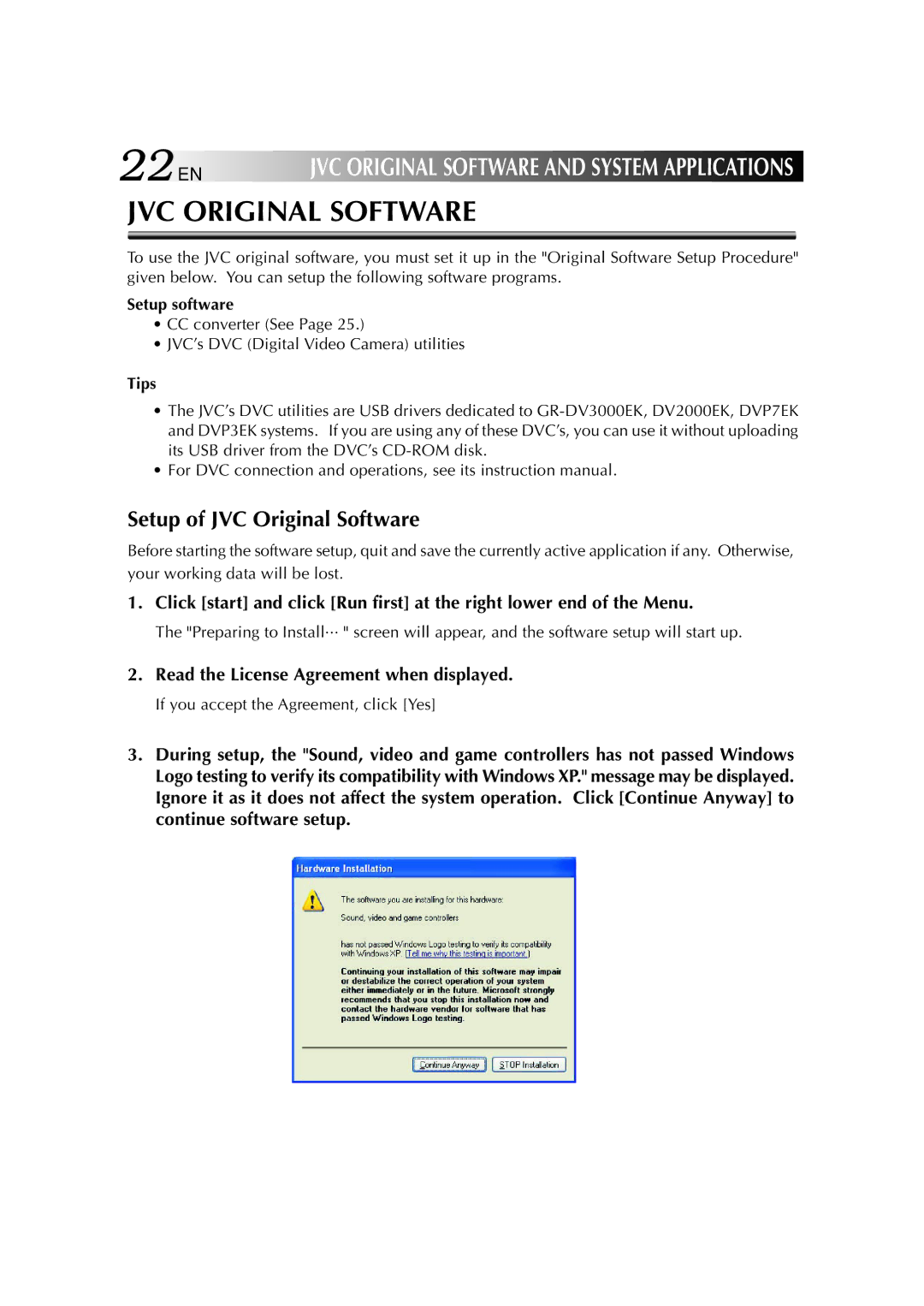 JVC MP-XP7210GB warranty 22 EN, Setup of JVC Original Software, Read the License Agreement when displayed, Setup software 