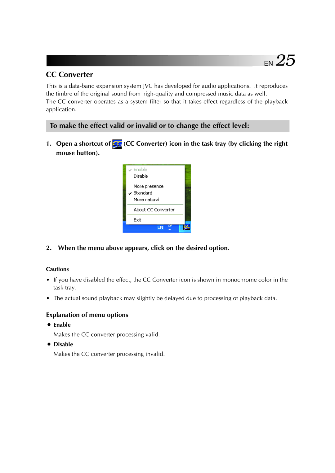 JVC MP-XP3210GB, MP-XP7210GB warranty CC Converter, Explanation of menu options, ¡ Enable, ¡ Disable 