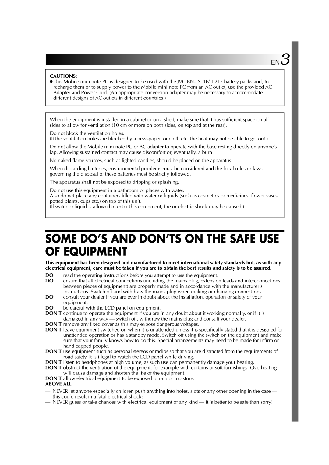 JVC MP-XP3210GB, MP-XP7210GB warranty Some DO’S and DON’TS on the Safe USE of Equipment 