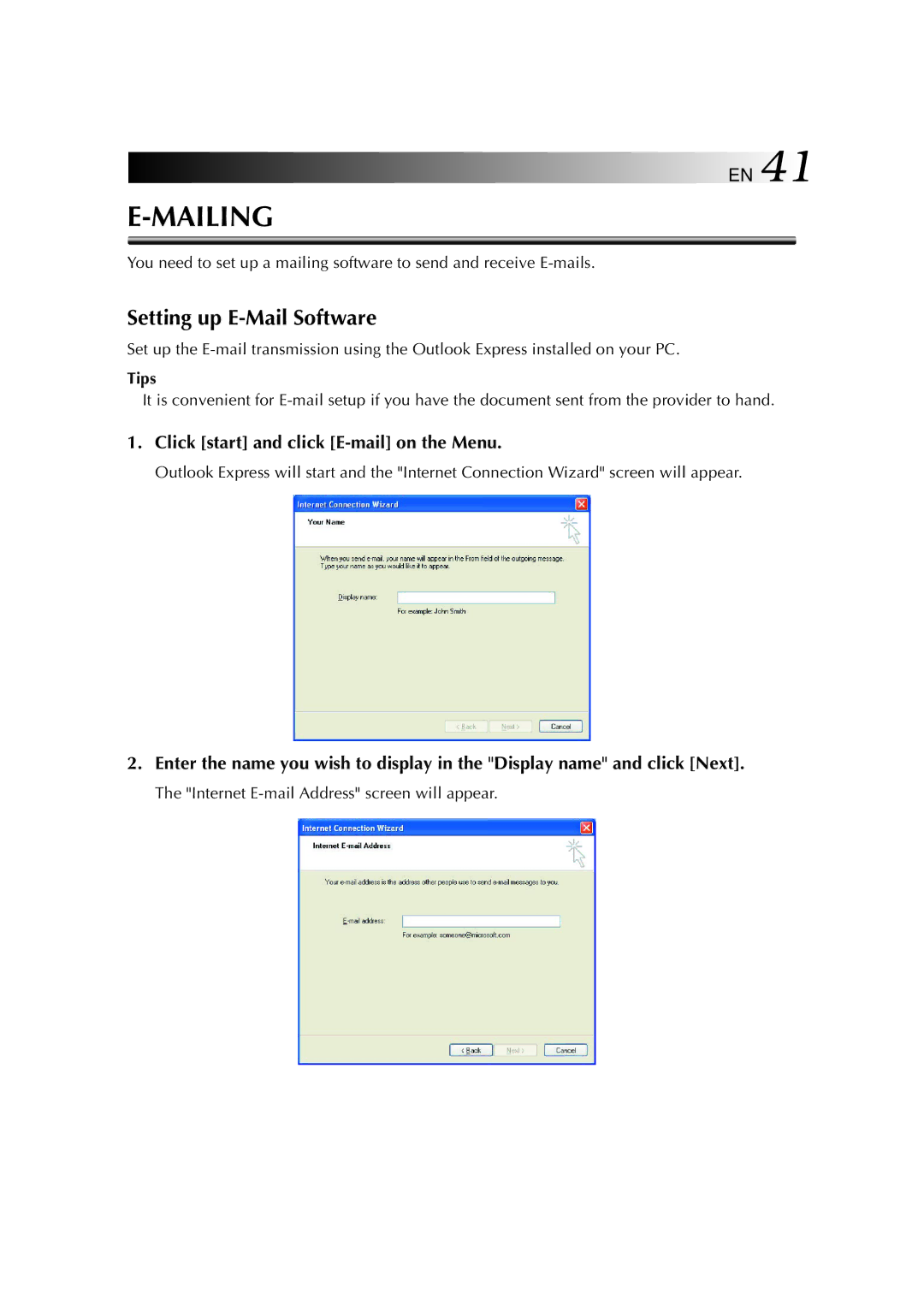 JVC MP-XP3210GB, MP-XP7210GB warranty Setting up E-Mail Software, Click start and click E-mail on the Menu 