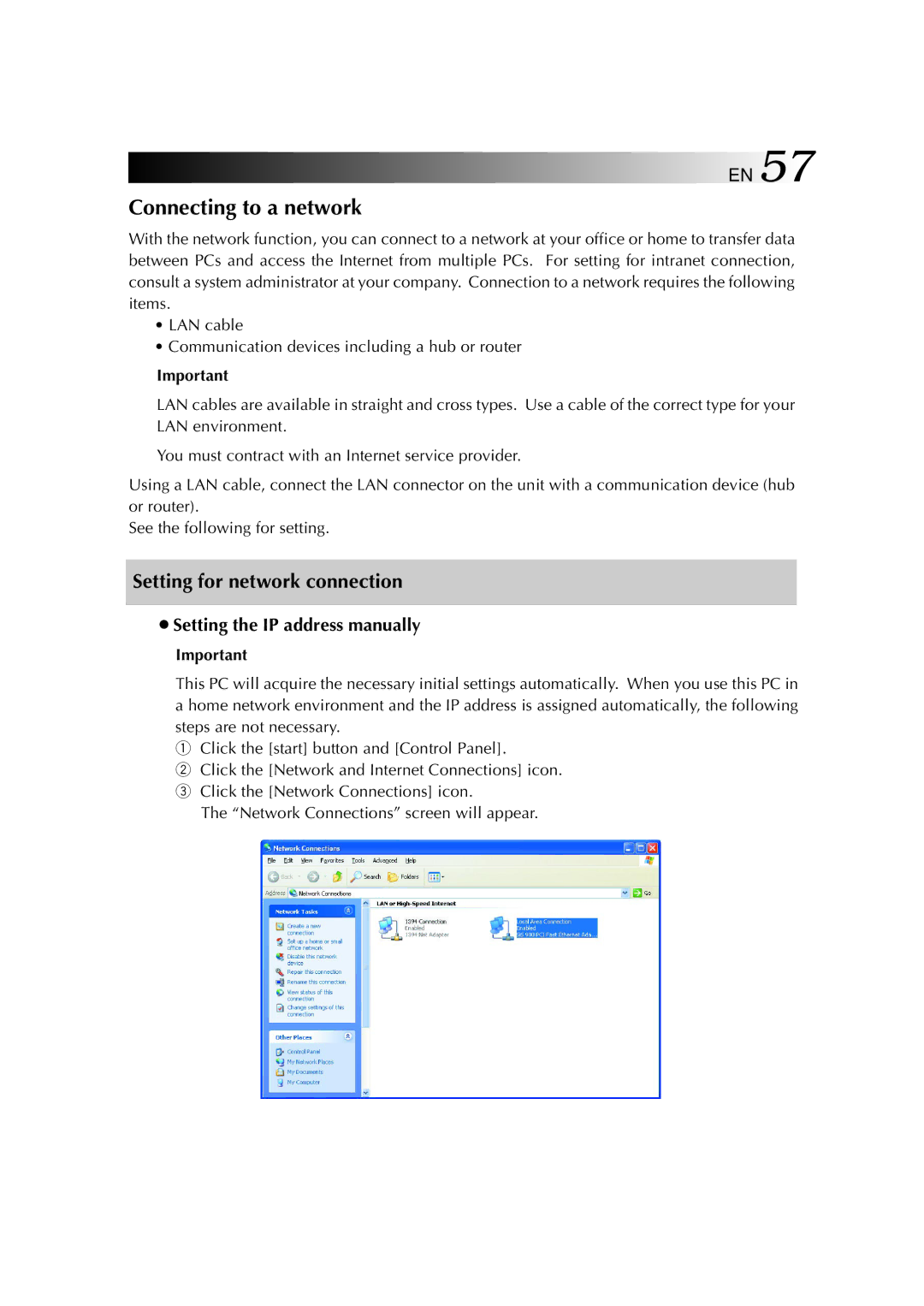 JVC MP-XP3210GB, MP-XP7210GB Connecting to a network, Setting for network connection, ¡Setting the IP address manually 