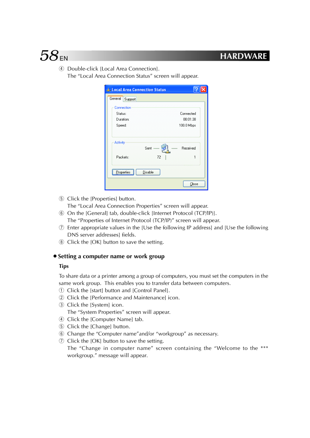 JVC MP-XP7210GB, MP-XP3210GB warranty 58 EN, ¡Setting a computer name or work group 