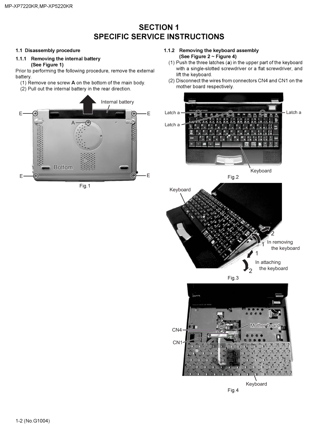 JVC MP-XP7220KR service manual Section Specific Service Instructions, Removing the keyboard assembly See ~ Figure 