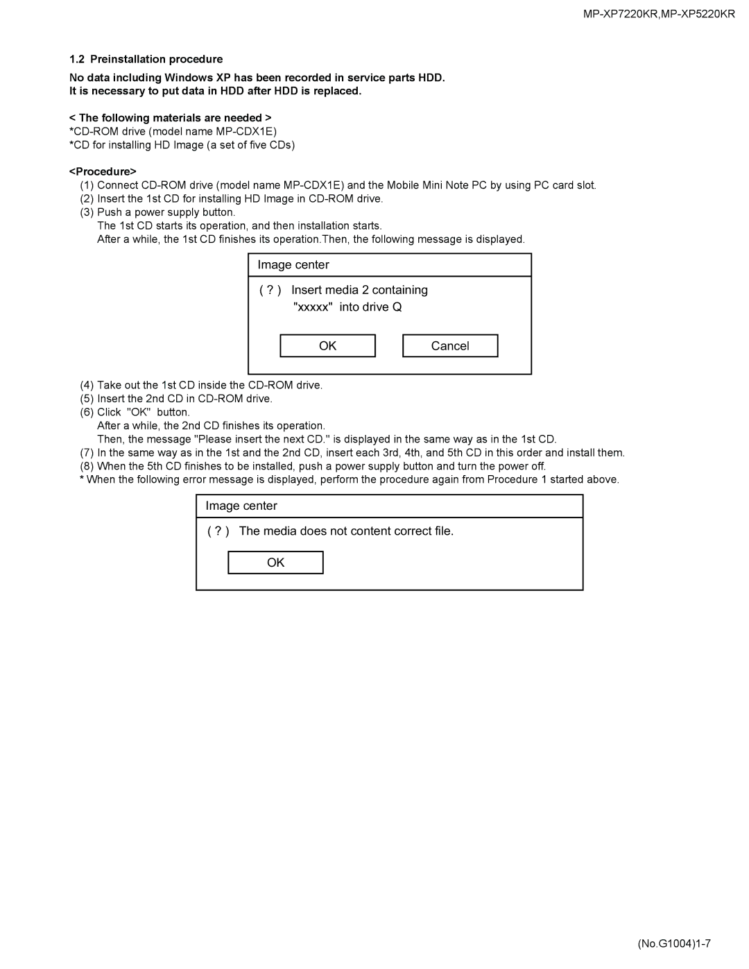 JVC MP-XP7220KR service manual Image center ? The media does not content correct file, Procedure 