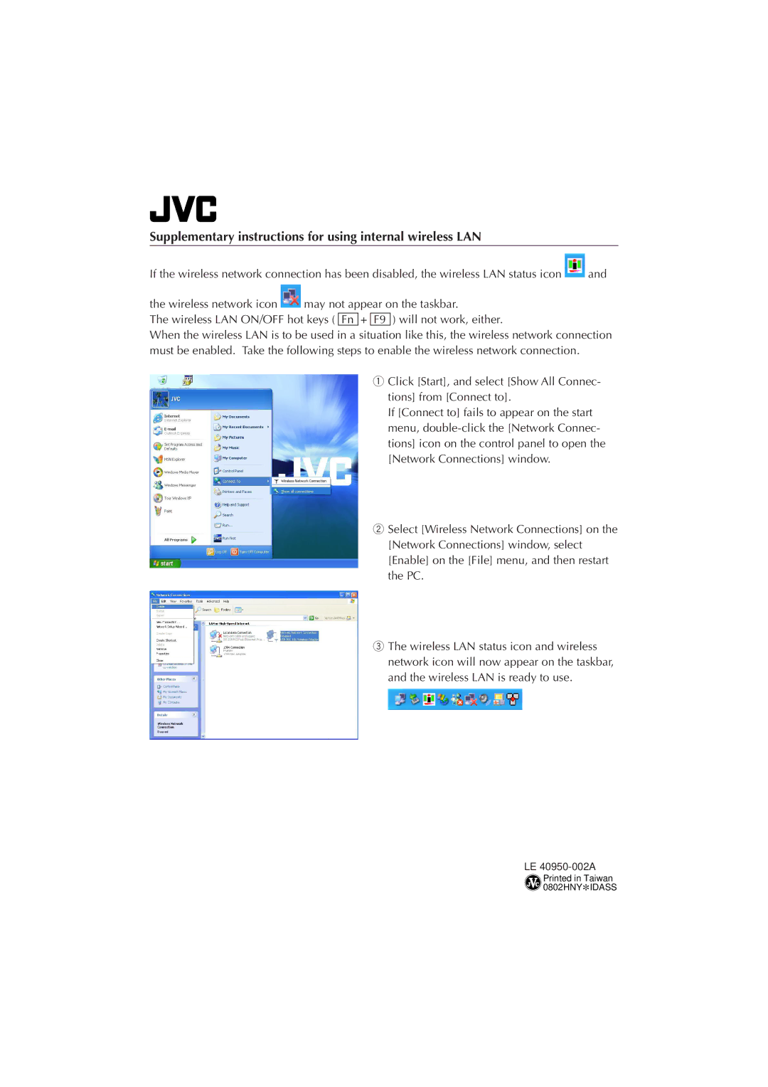 JVC MP-XP5230GB, MP-XP7230GB warranty Supplementary instructions for using internal wireless LAN 