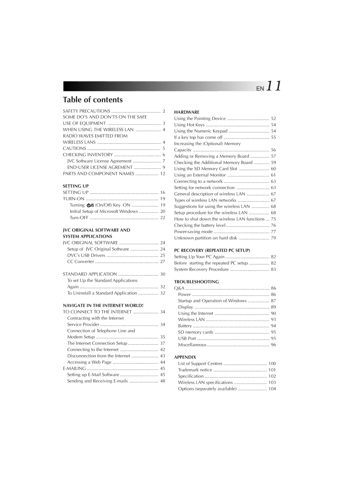 JVC MP-XP5230GB, MP-XP7230GB warranty Table of contents 