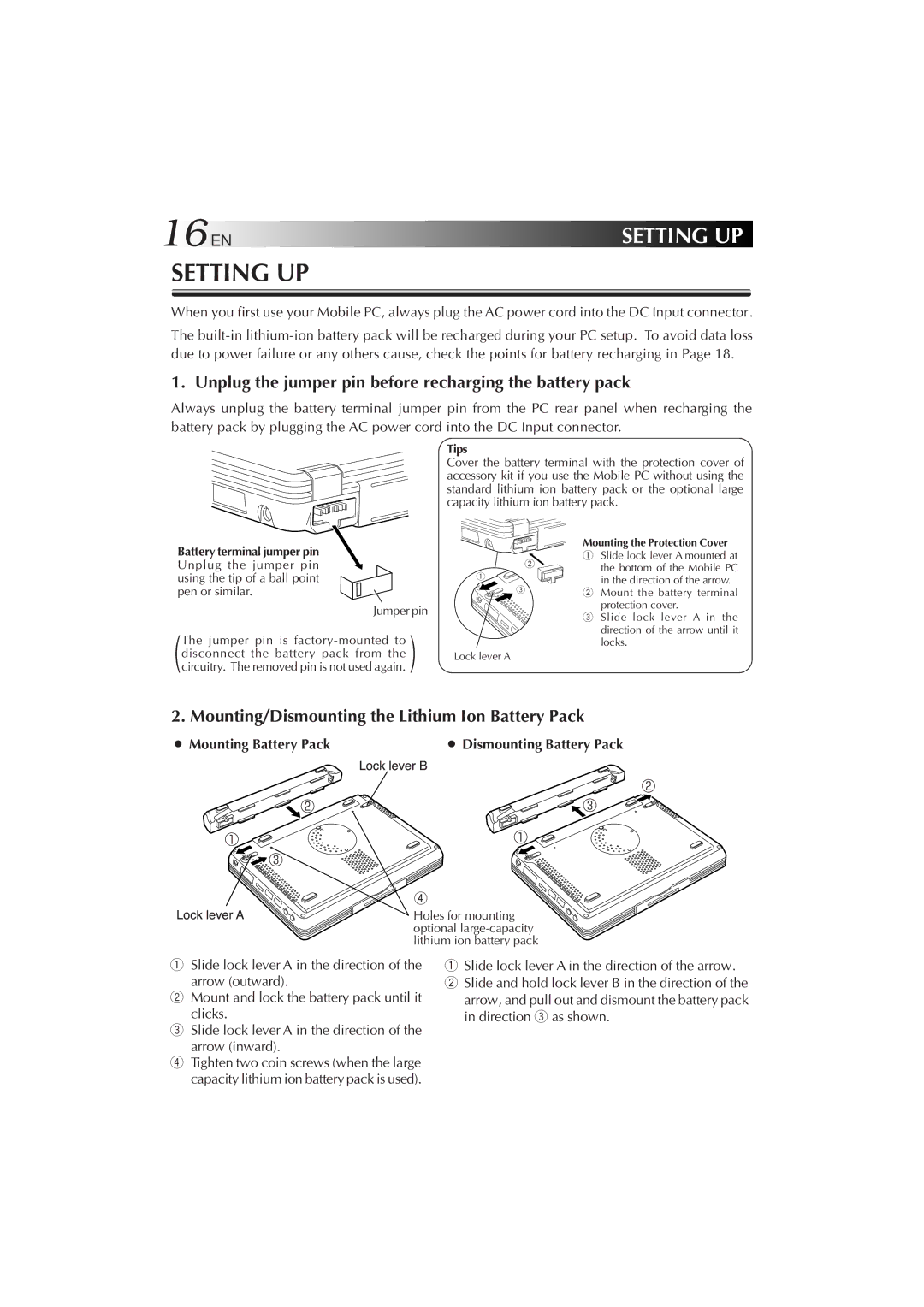 JVC MP-XP7230GB, MP-XP5230GB warranty 16EN, Mounting Battery Pack 