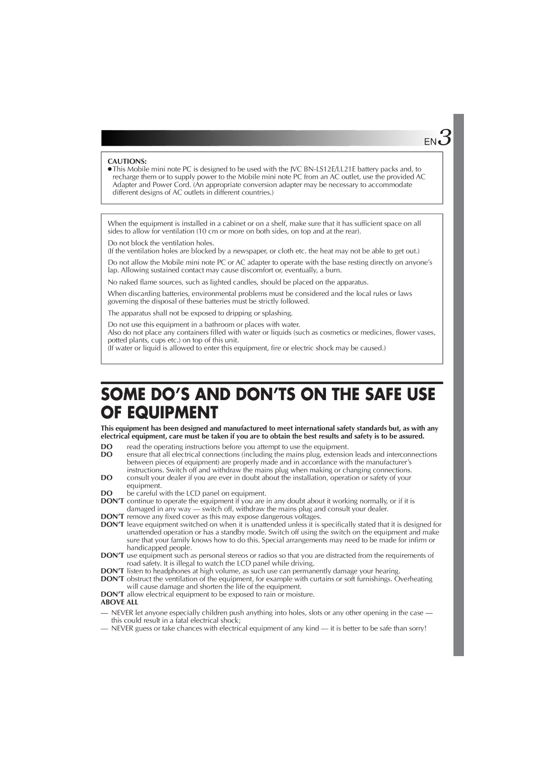 JVC MP-XP5230GB, MP-XP7230GB warranty Some DO’S and DON’TS on the Safe USE of Equipment 