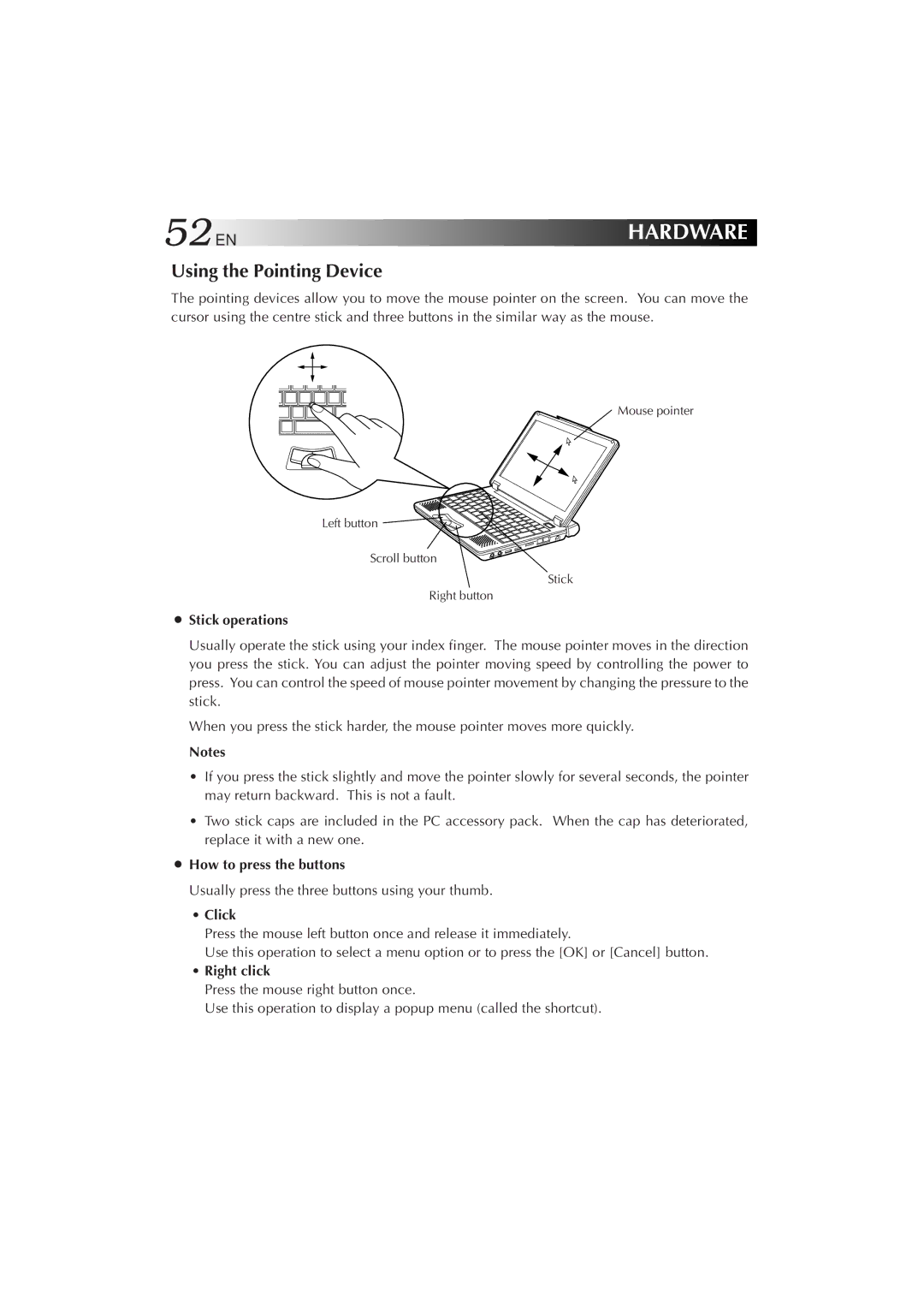 JVC MP-XP7230GB, MP-XP5230GB warranty 52EN, Using the Pointing Device 