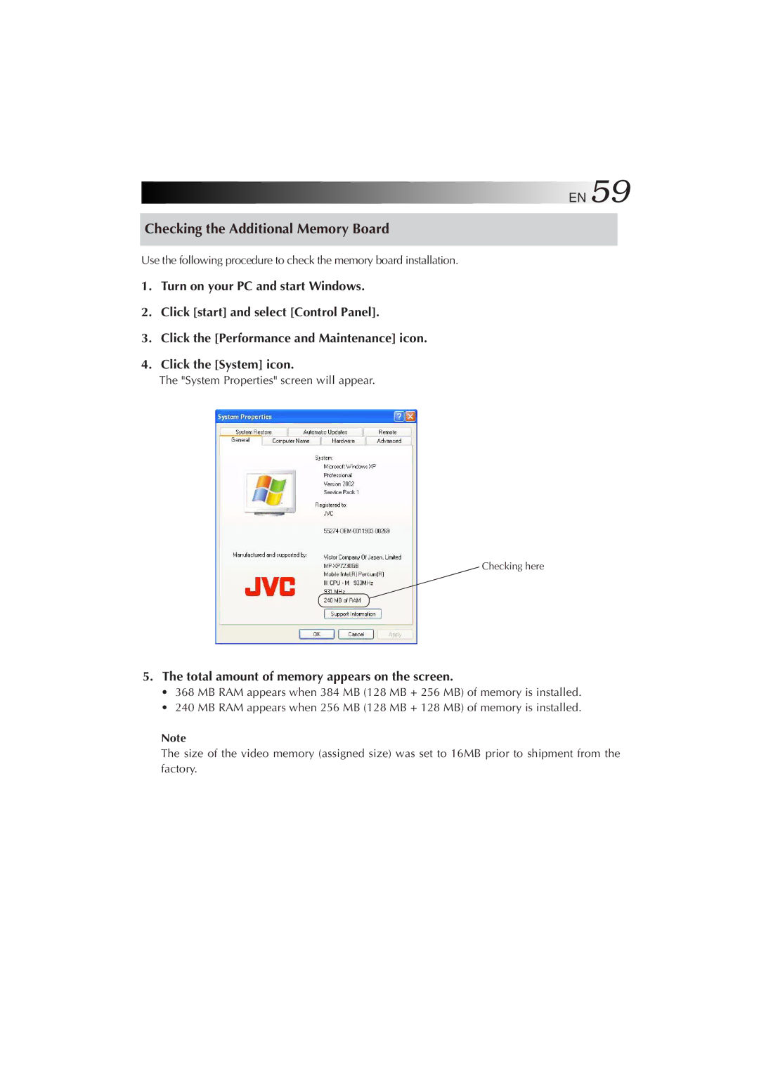 JVC MP-XP5230GB, MP-XP7230GB warranty Checking the Additional Memory Board, Total amount of memory appears on the screen 