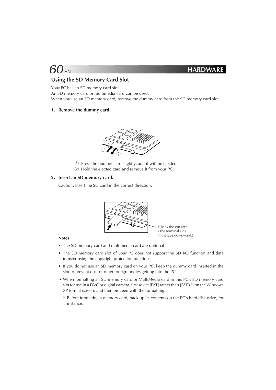 JVC MP-XP7230GB, MP-XP5230GB warranty 60EN, Using the SD Memory Card Slot, Remove the dummy card, Insert an SD memory card 