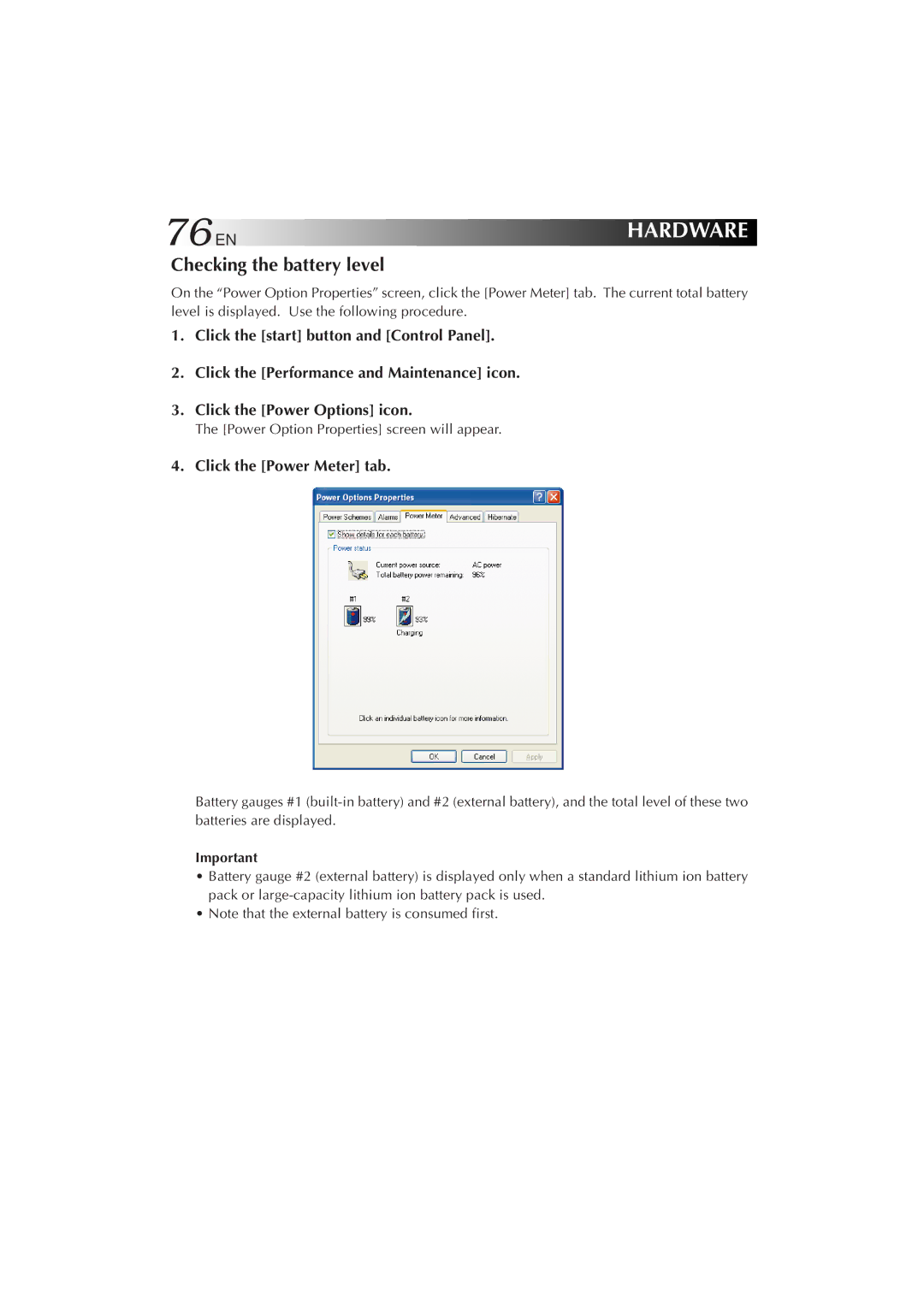 JVC MP-XP7230GB, MP-XP5230GB warranty 76EN, Checking the battery level, Click the Power Meter tab 