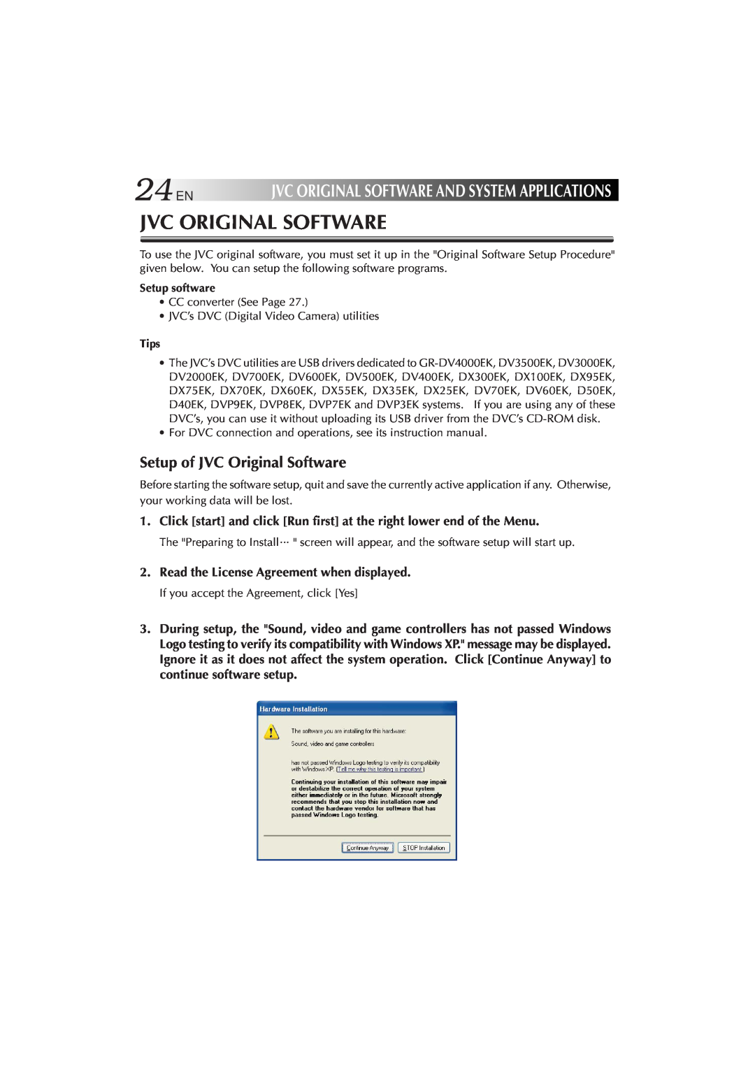JVC MP-XP7230GB 24EN, Jvc Original Software, Setup of JVC Original Software, Read the License Agreement when displayed 
