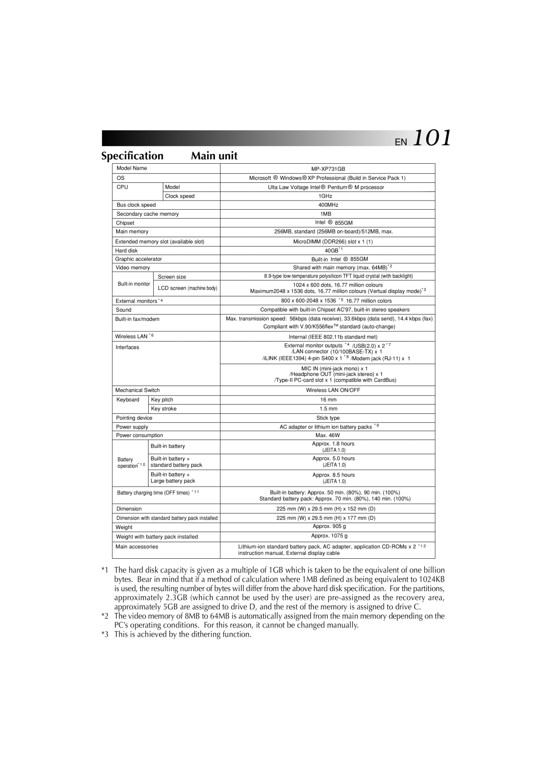 JVC MP-XP731GB warranty Main unit, Specification 