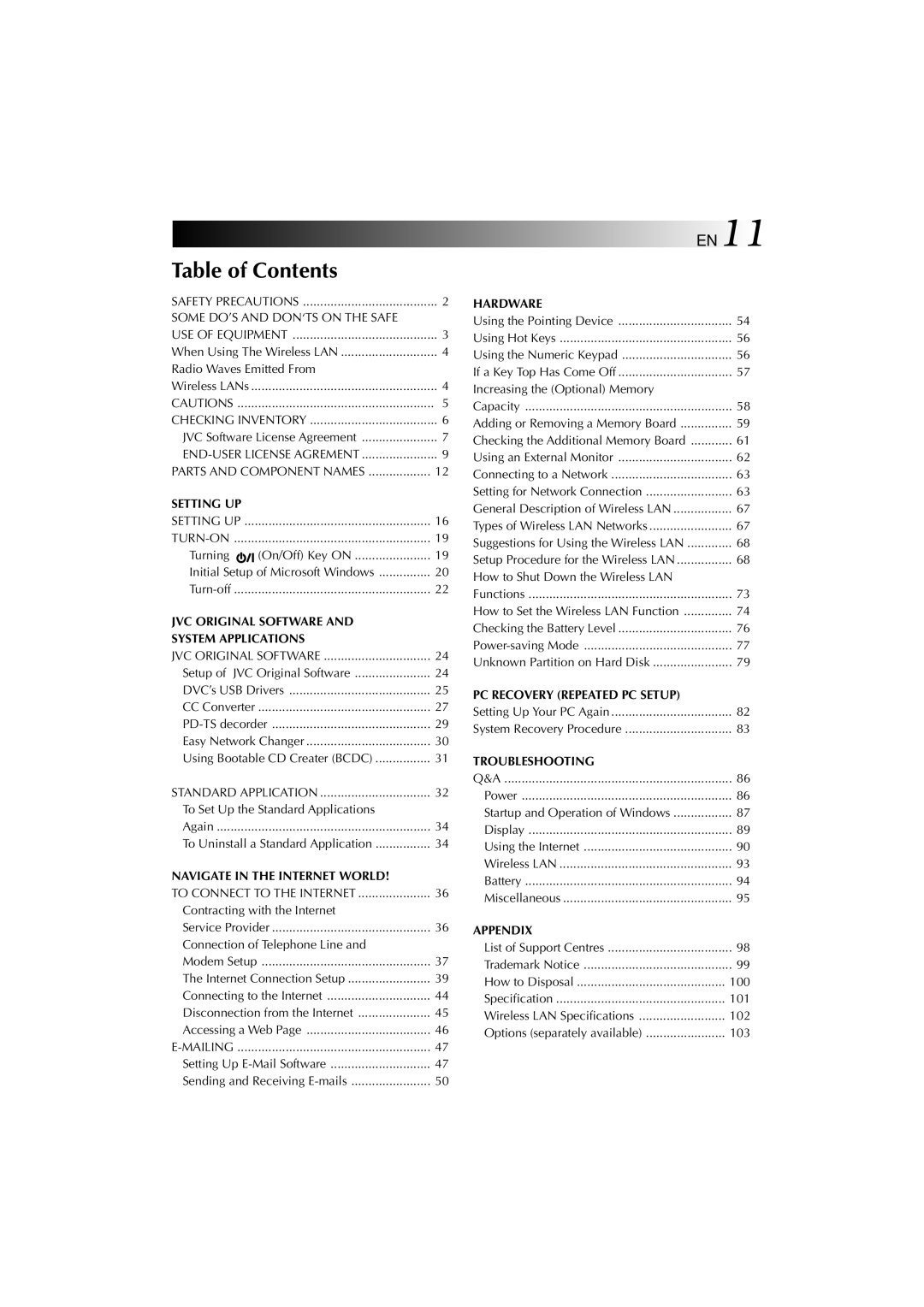 JVC MP-XP731GB warranty Table of Contents 