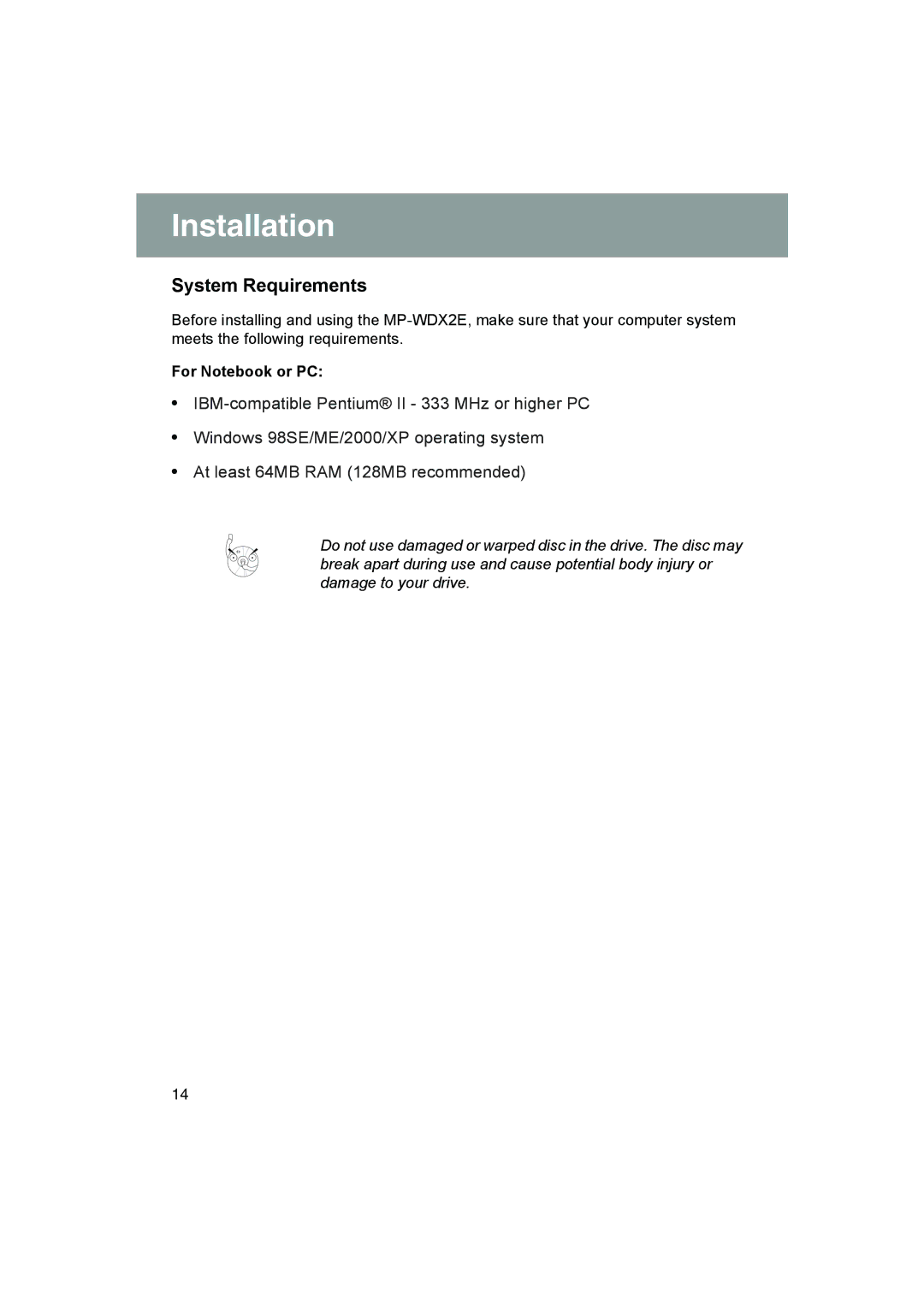 JVC MP-XP731GB warranty Installation, System Requirements, For Notebook or PC 