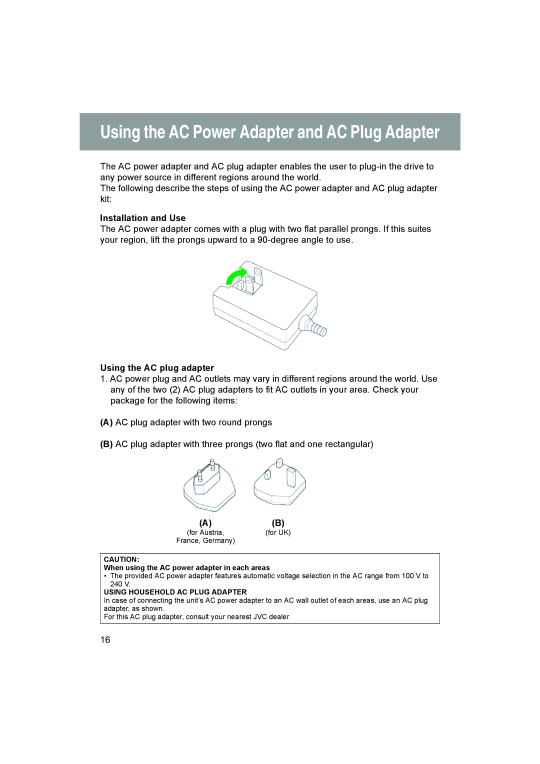 JVC MP-XP731GB warranty Installation and Use, Using the AC plug adapter 