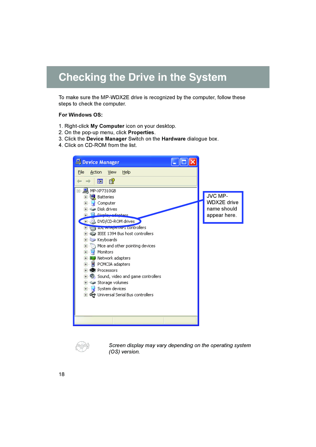 JVC MP-XP731GB warranty Checking the Drive in the System, For Windows OS 