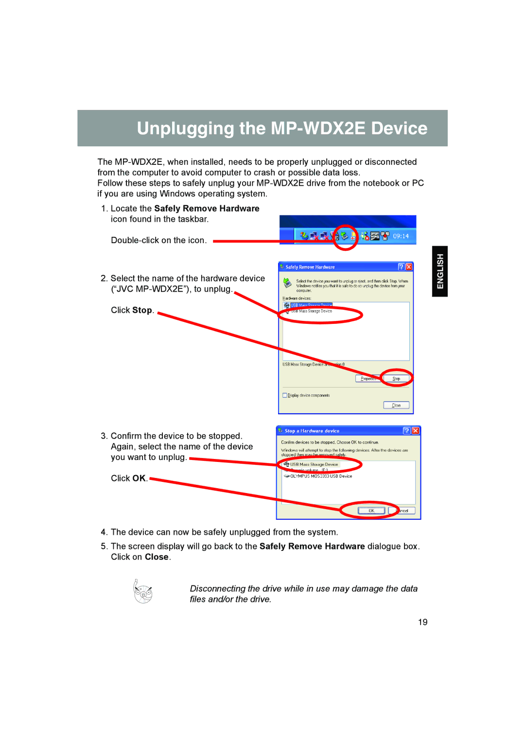 JVC MP-XP731GB warranty Unplugging the MP-WDX2E Device, Locate the Safely Remove Hardware icon found in the taskbar 