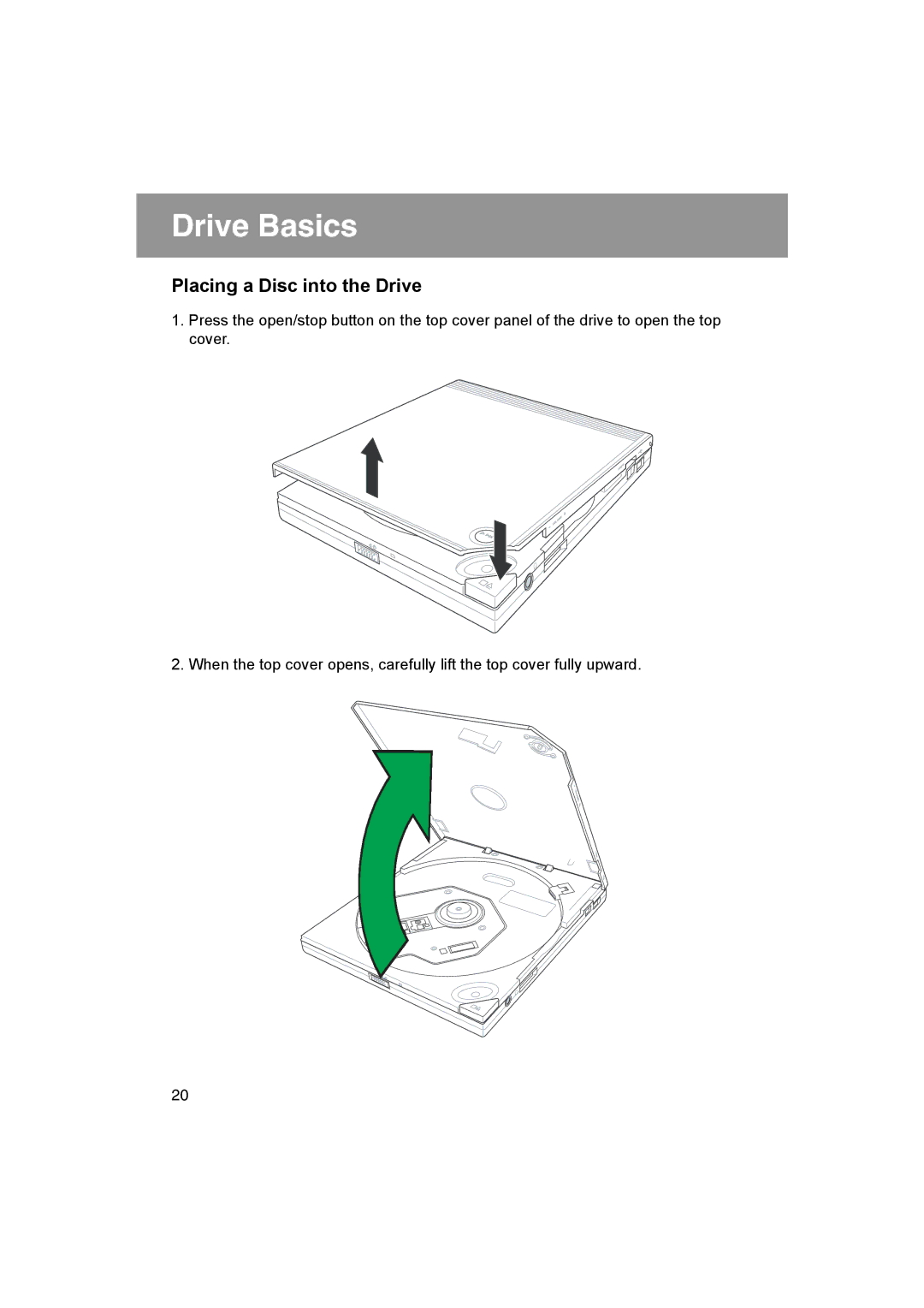 JVC MP-XP731GB warranty Drive Basics, Placing a Disc into the Drive 