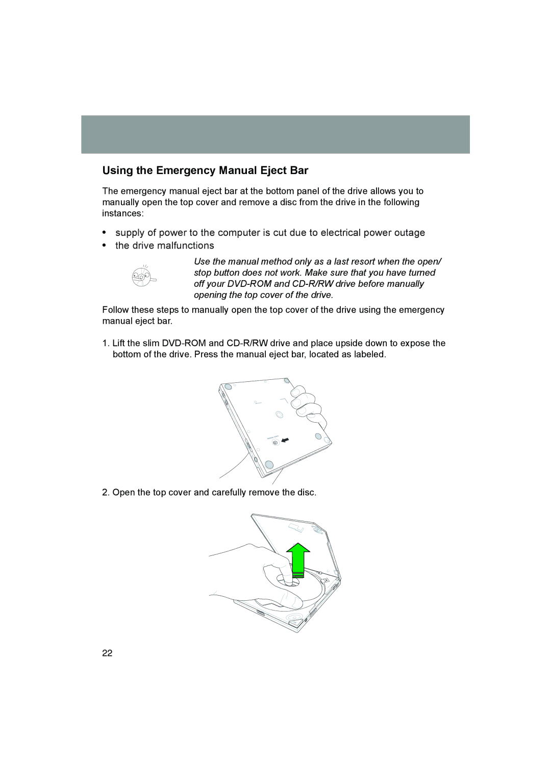 JVC MP-XP731GB warranty Using the Emergency Manual Eject Bar 