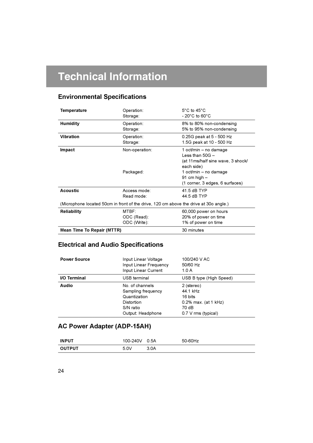 JVC MP-XP731GB warranty Technical Information, Environmental Specifications, Electrical and Audio Specifications 