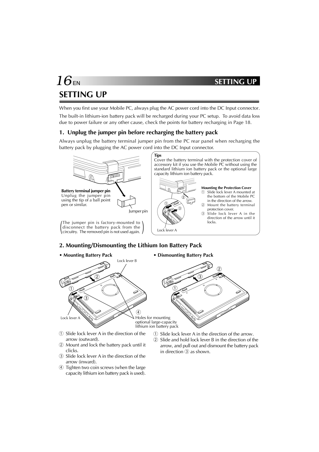 JVC MP-XP731GB warranty 16EN, Unplug the jumper pin before recharging the battery pack, Mounting Battery Pack 