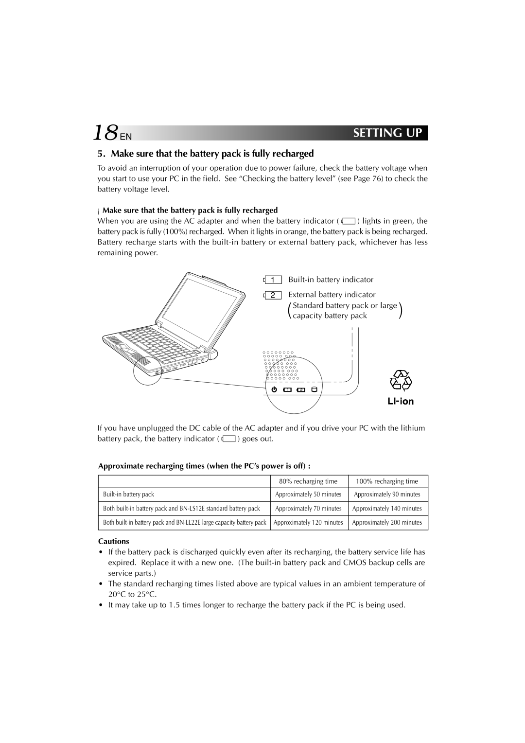 JVC MP-XP731GB warranty 18EN, Make sure that the battery pack is fully recharged 