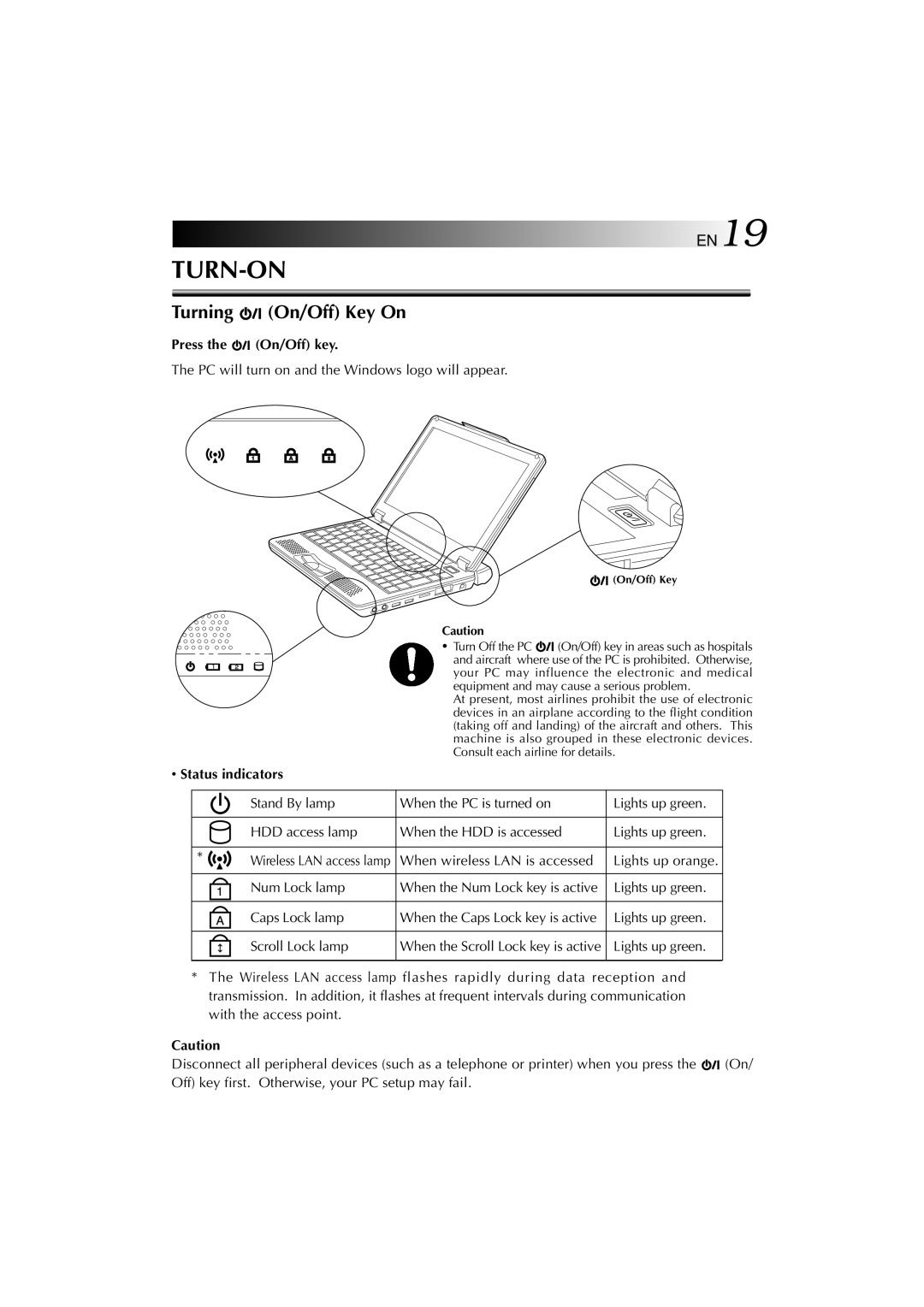 JVC MP-XP731GB warranty Turning On/Off Key On, Press the On/Off key, Status indicators 