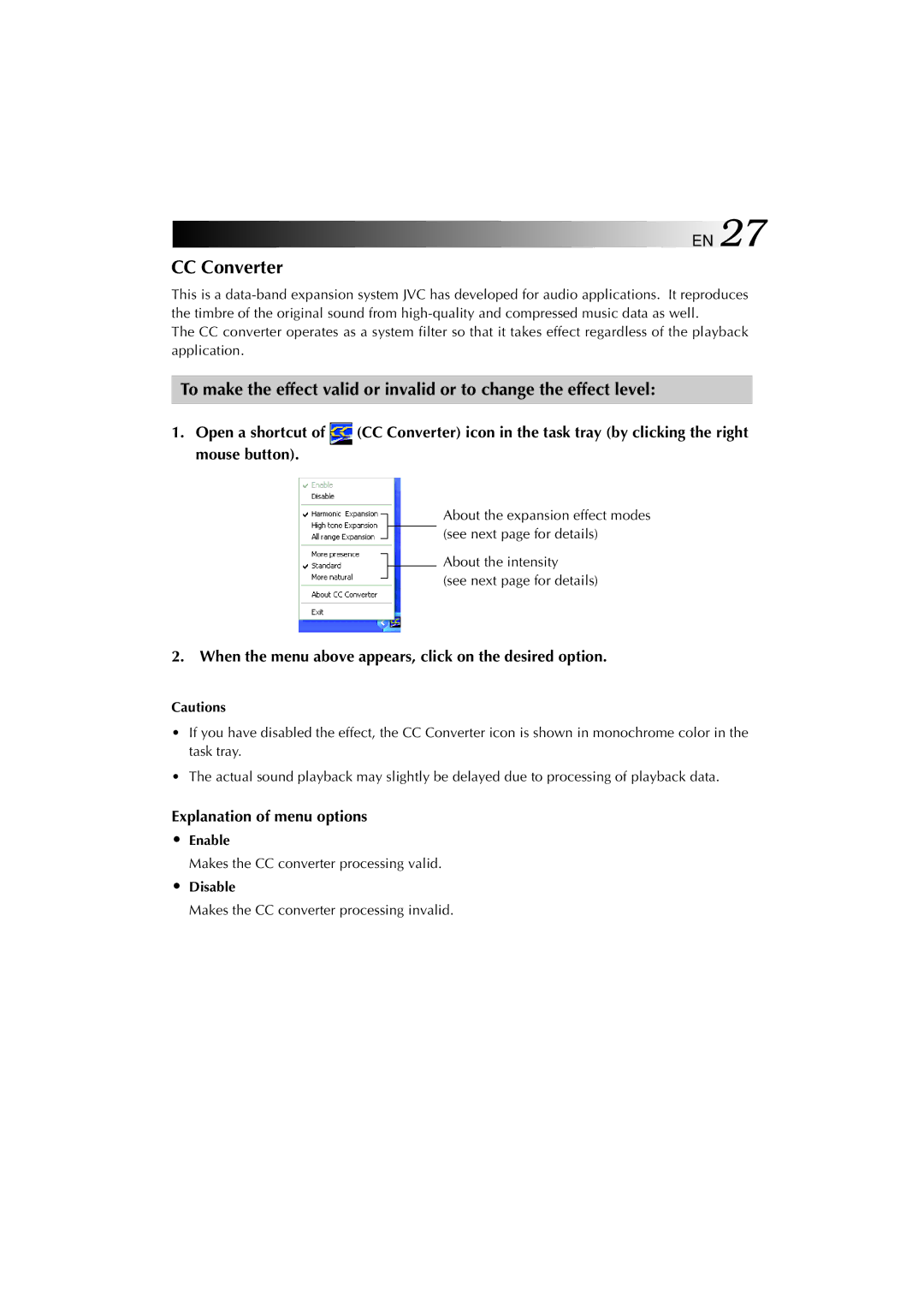 JVC MP-XP731GB CC Converter, When the menu above appears, click on the desired option, Explanation of menu options, Enable 