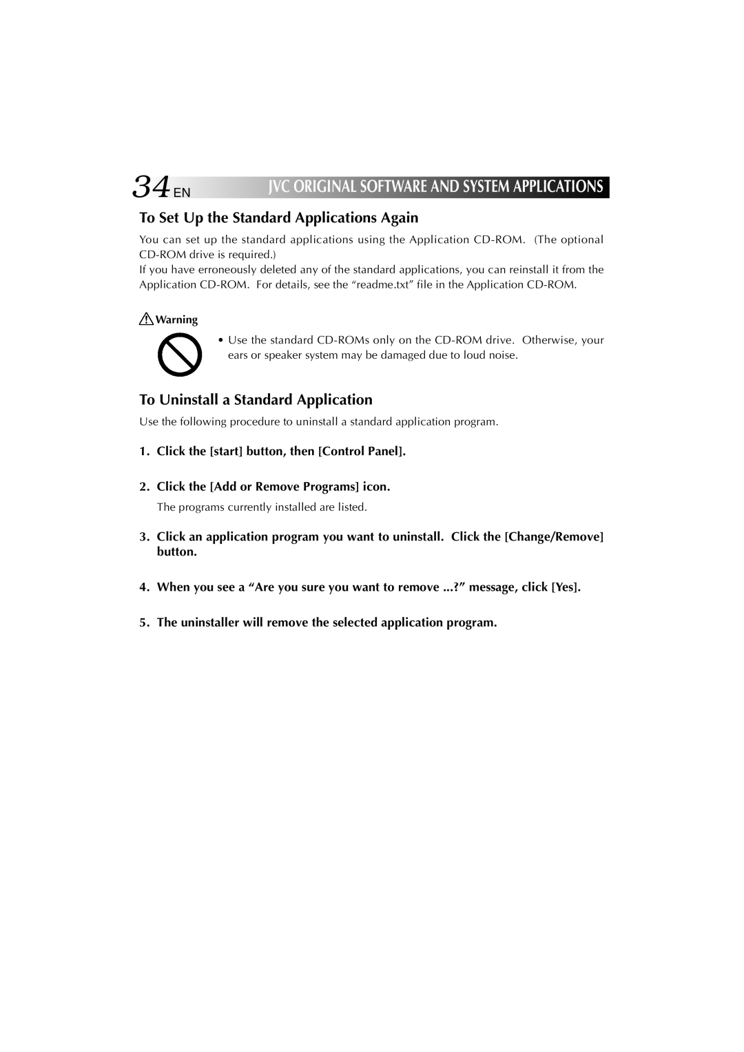 JVC MP-XP731GB warranty To Set Up the Standard Applications Again, To Uninstall a Standard Application 