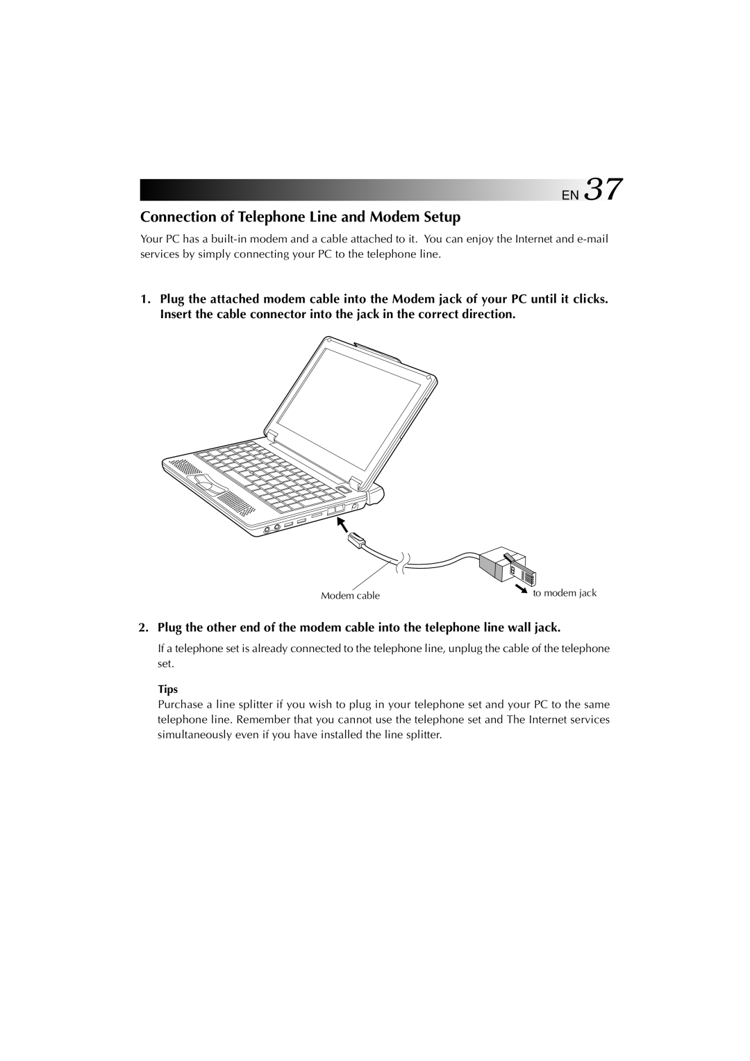 JVC MP-XP731GB warranty Connection of Telephone Line and Modem Setup, Tips 