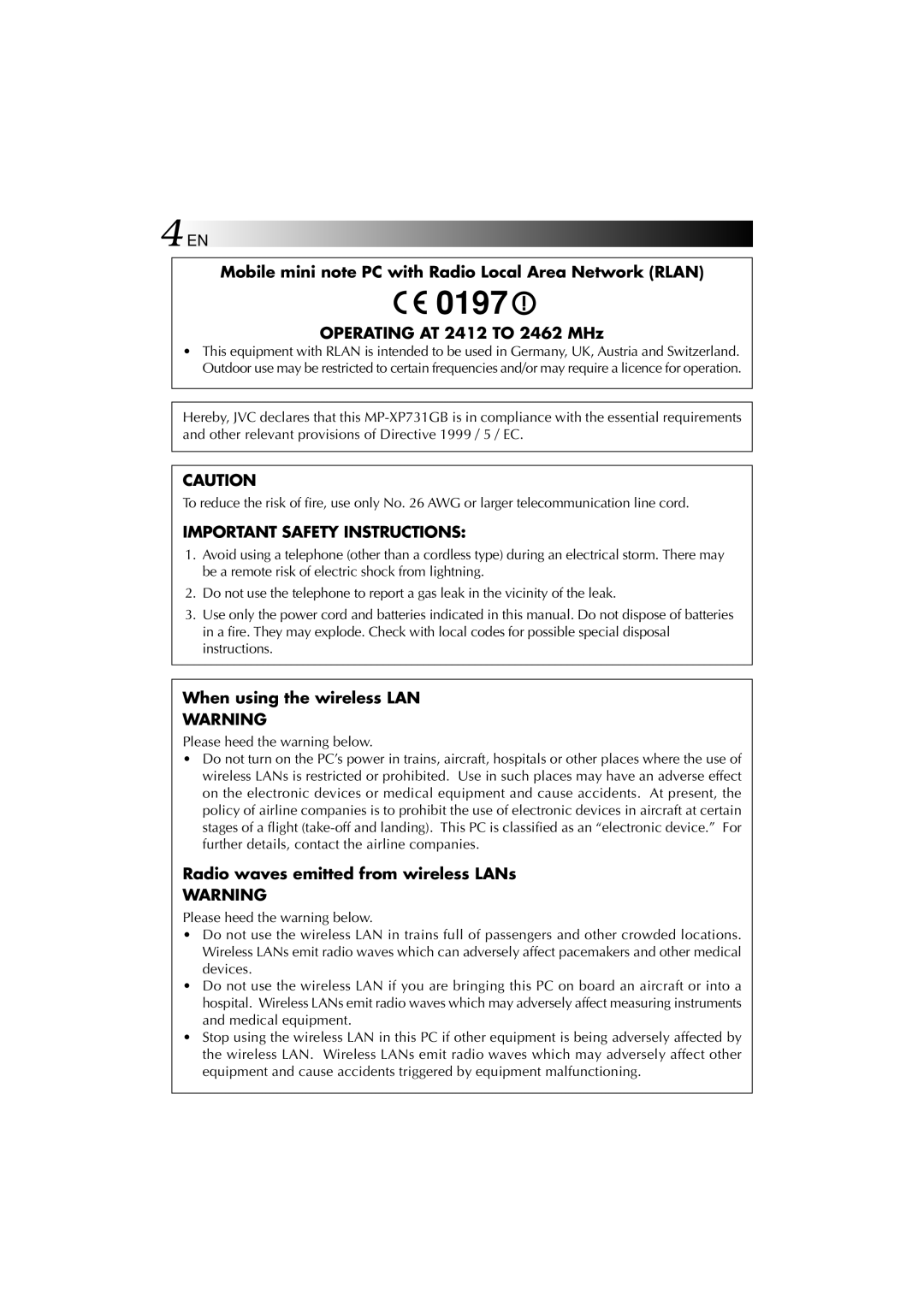 JVC MP-XP731GB warranty Mobile mini note PC with Radio Local Area Network Rlan, Operating AT 2412 to 2462 MHz 