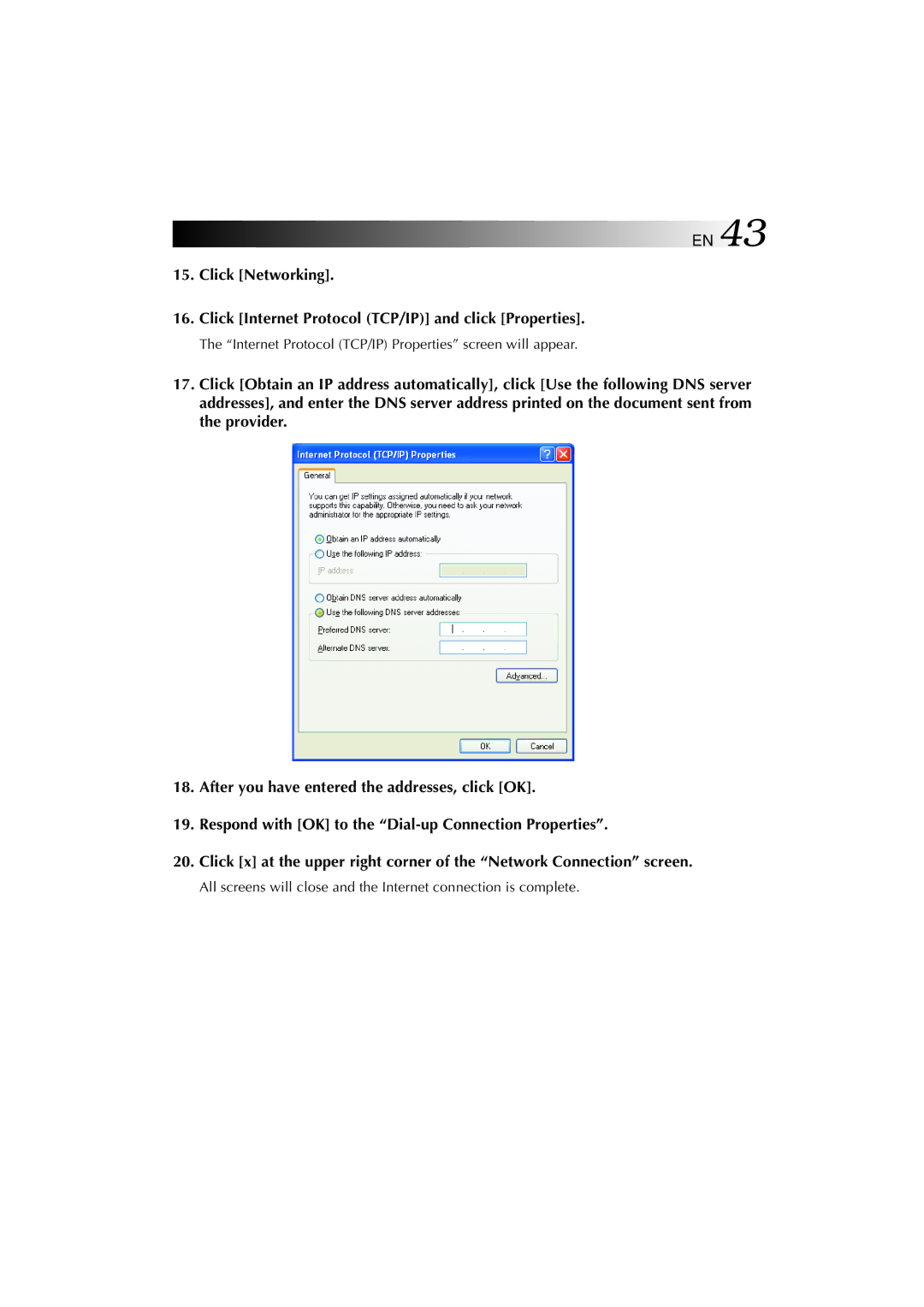 JVC MP-XP731GB warranty Internet Protocol TCP/IP Properties screen will appear 