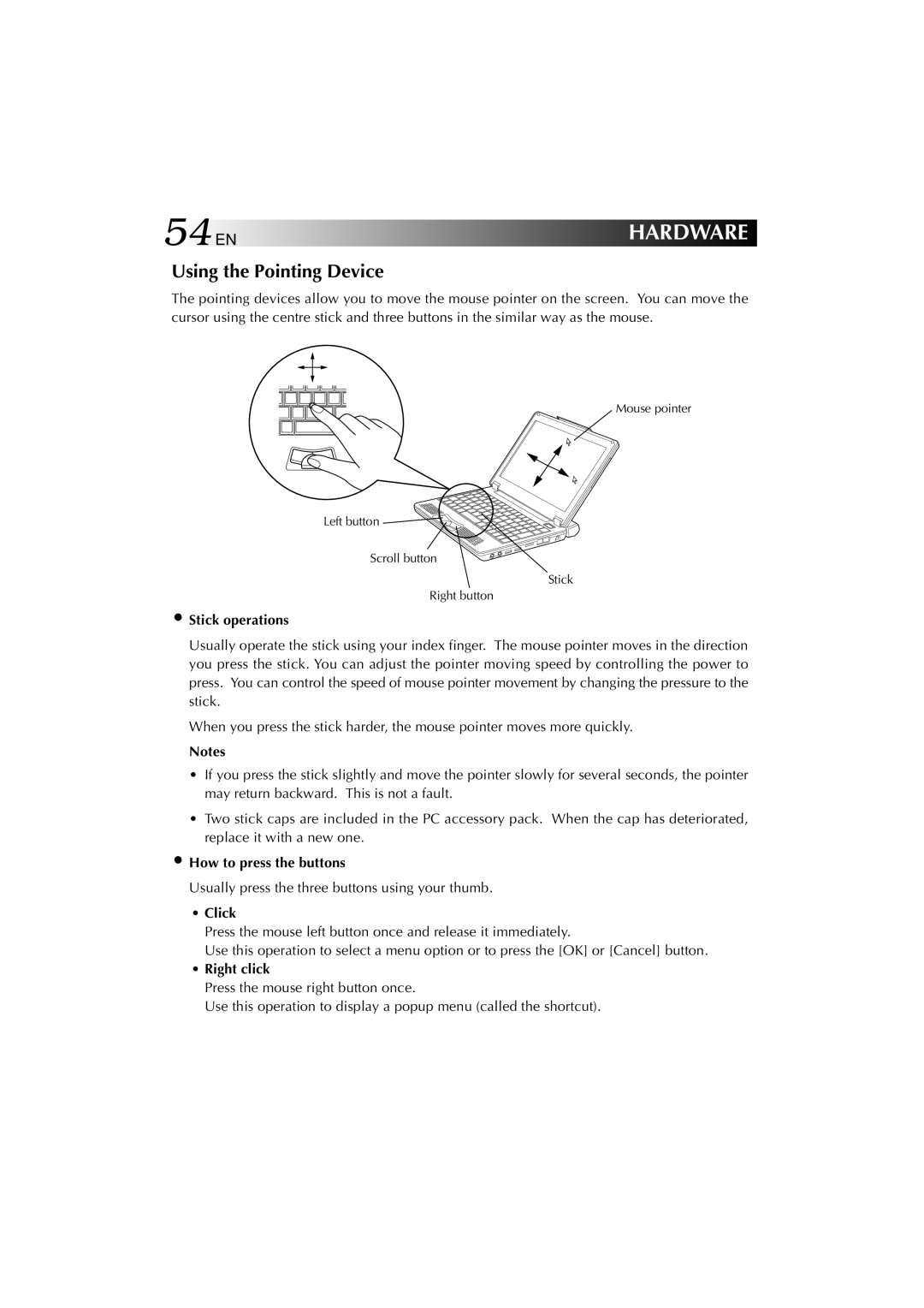 JVC MP-XP731GB warranty 54EN, Using the Pointing Device 