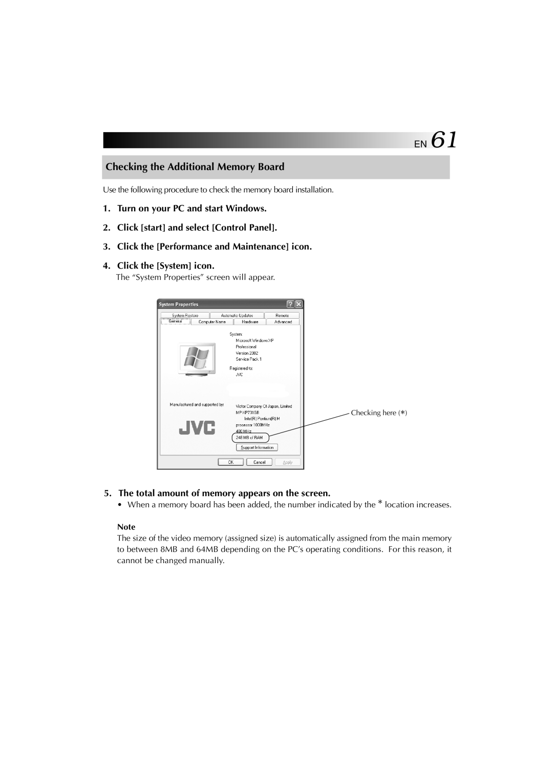 JVC MP-XP731GB warranty Checking the Additional Memory Board, Total amount of memory appears on the screen 