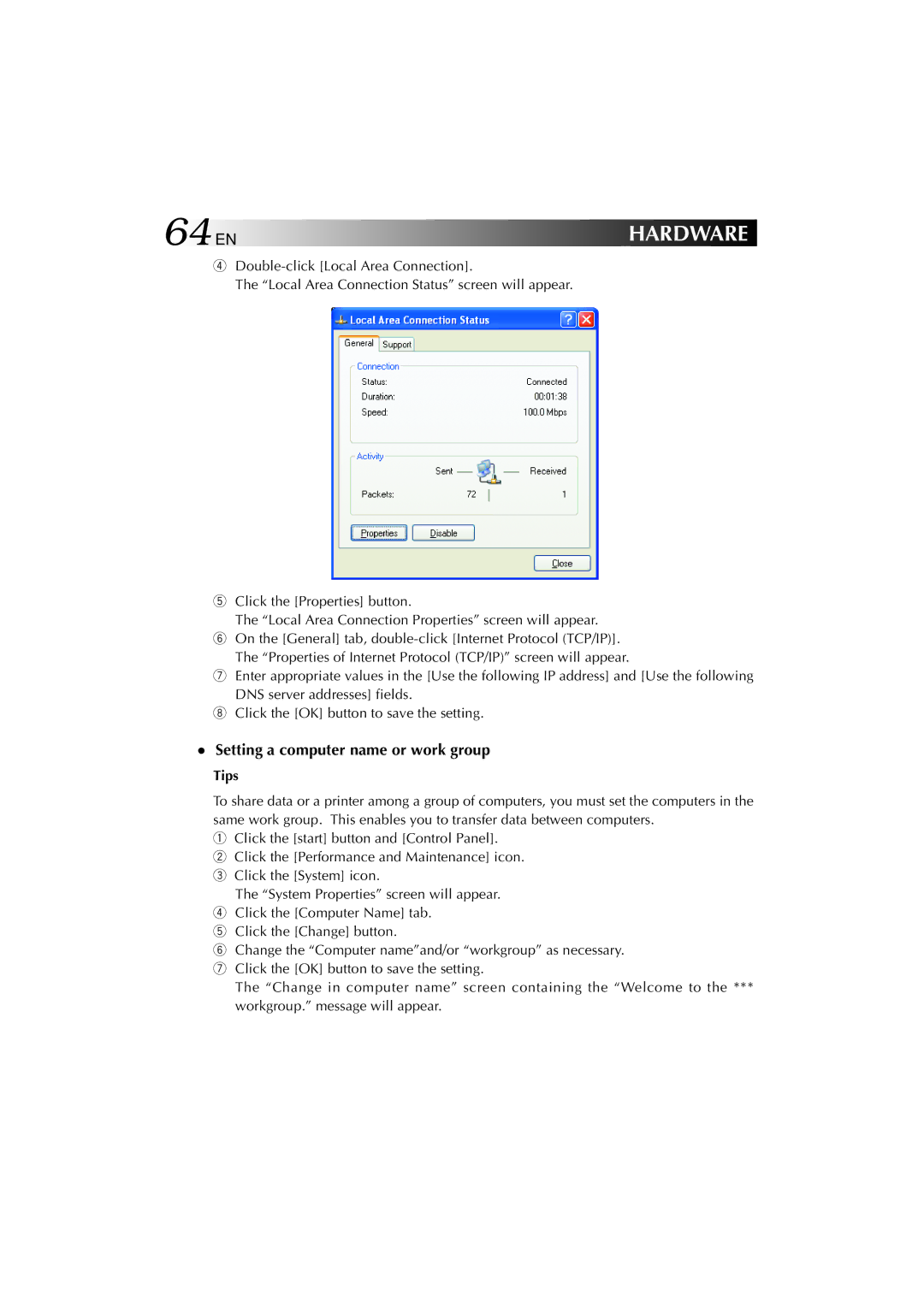 JVC MP-XP731GB warranty 64EN, Setting a computer name or work group 