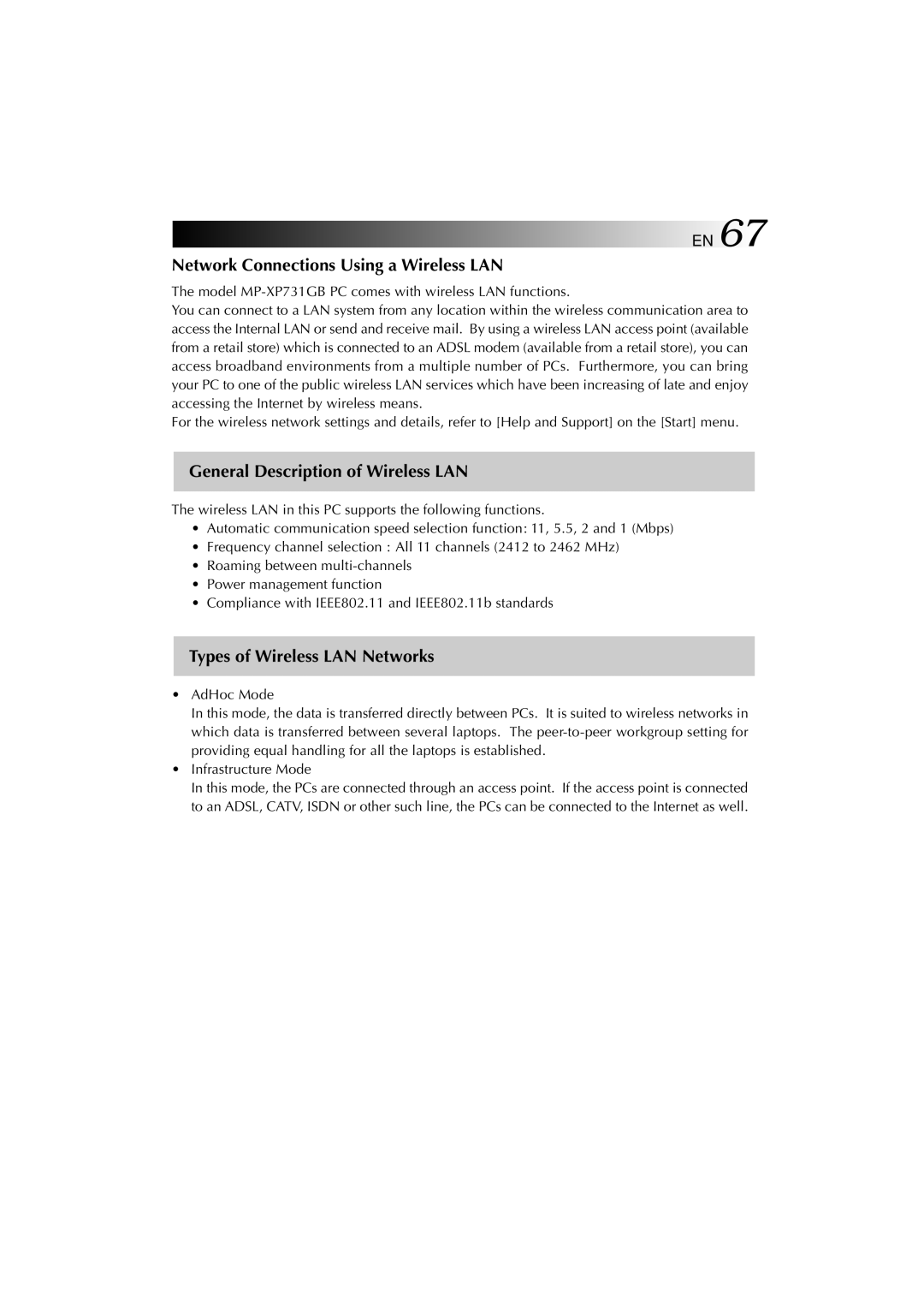 JVC MP-XP731GB warranty Network Connections Using a Wireless LAN, General Description of Wireless LAN 