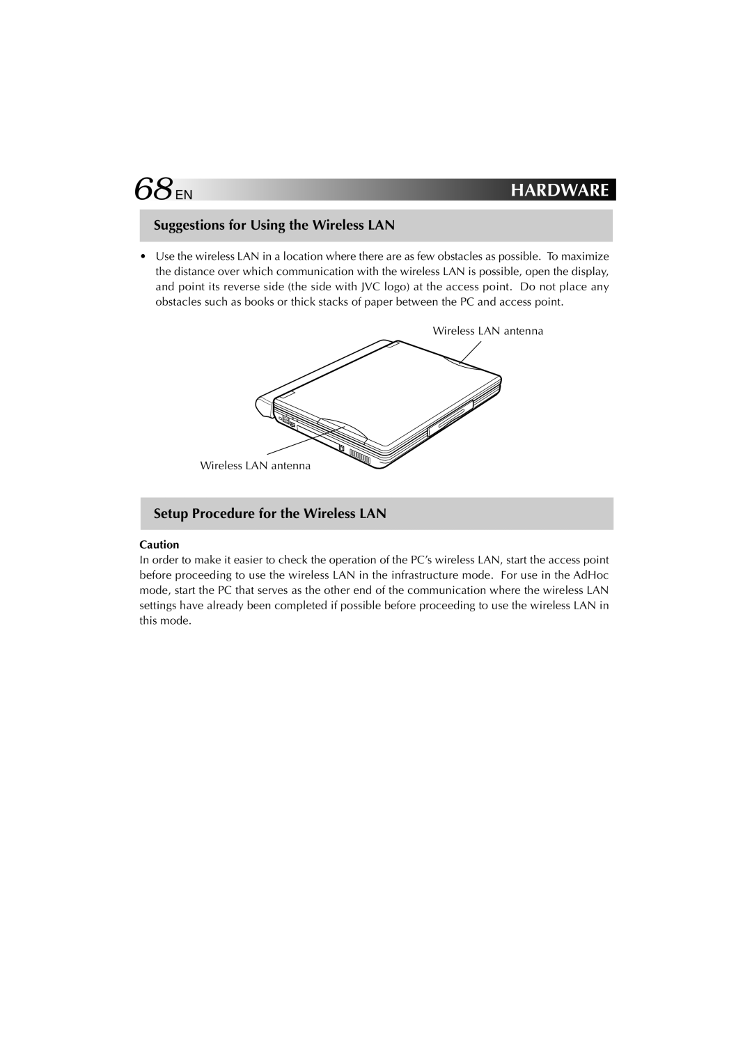 JVC MP-XP731GB warranty 68EN, Suggestions for Using the Wireless LAN, Setup Procedure for the Wireless LAN 