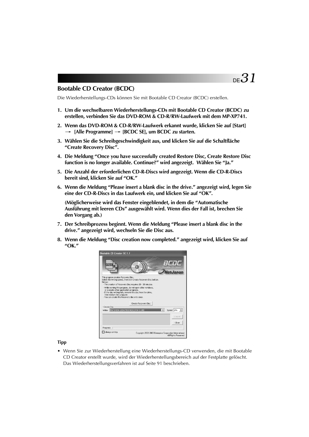 JVC MP-XP741DE service manual Bootable CD Creator Bcdc, Tipp 