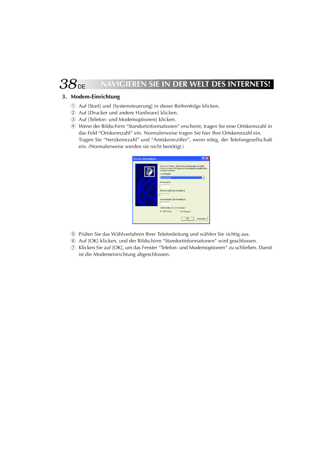 JVC MP-XP741DE service manual 38DE, Modem-Einrichtung 