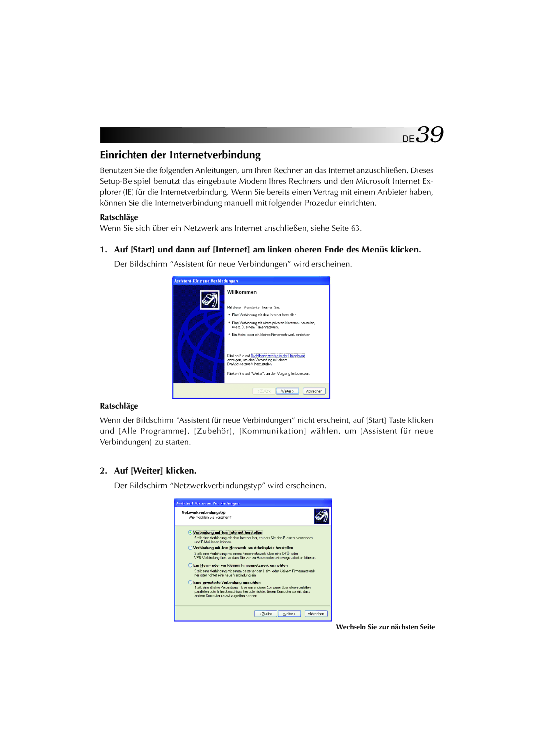 JVC MP-XP741DE service manual Einrichten der Internetverbindung, Auf Weiter klicken 