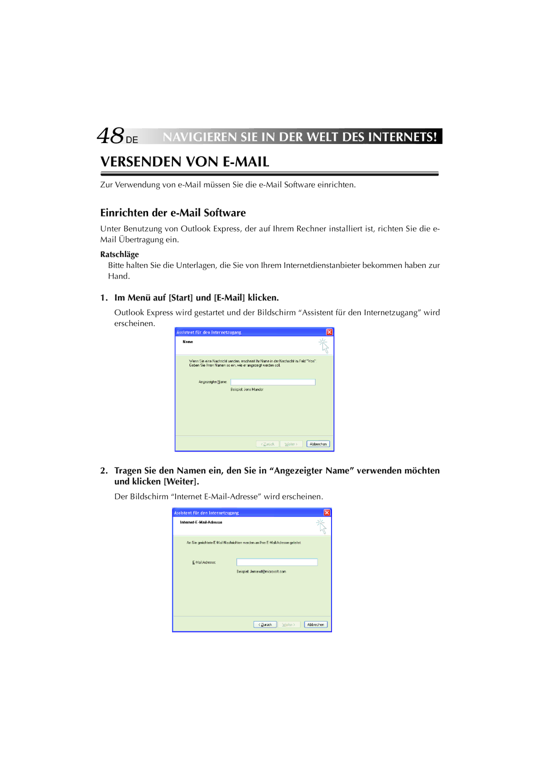 JVC MP-XP741DE service manual 48DE, Einrichten der e-Mail Software, Im Menü auf Start und E-Mail klicken 