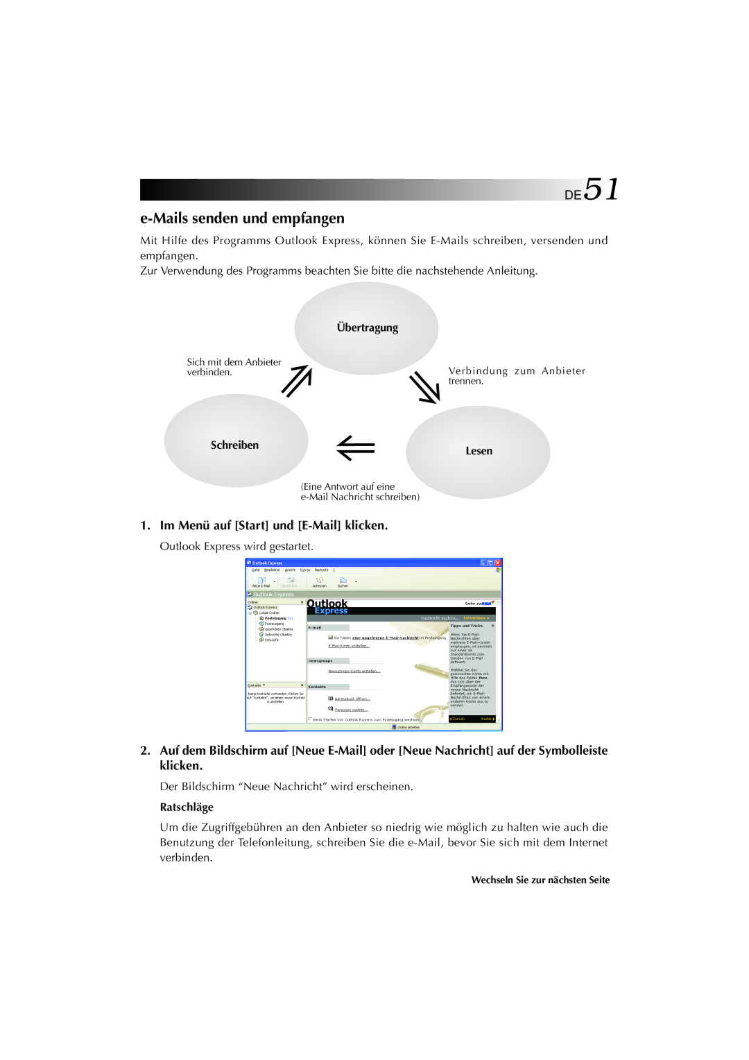 JVC MP-XP741DE service manual Mails senden und empfangen, Übertragung, Schreiben 