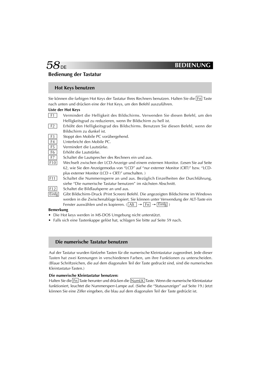 JVC MP-XP741DE service manual 58DE, Bedienung der Tastatur, Liste der Hot Keys, Die numerische Kleintastatur benutzen 