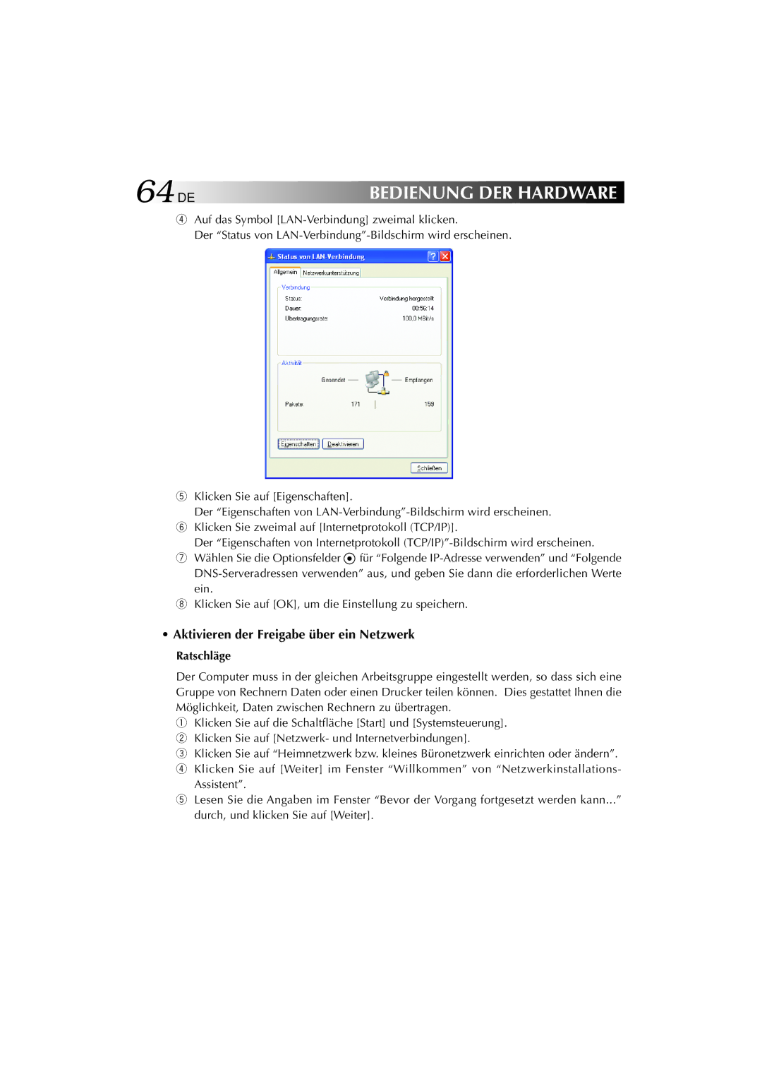 JVC MP-XP741DE service manual 64DE, Aktivieren der Freigabe über ein Netzwerk 