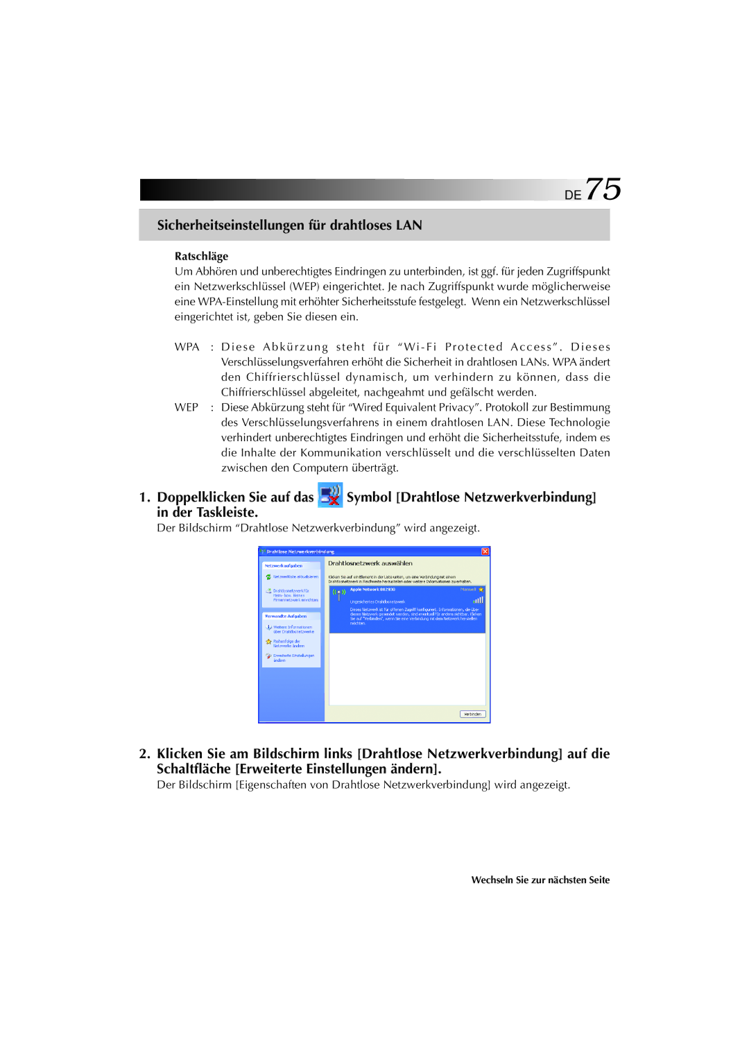 JVC MP-XP741DE service manual Sicherheitseinstellungen für drahtloses LAN, Symbol Drahtlose Netzwerkverbindung 